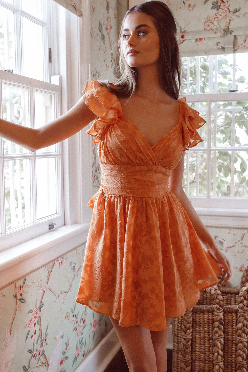 Lola Ruffle Shoulder Ruched Dress Textured Orange