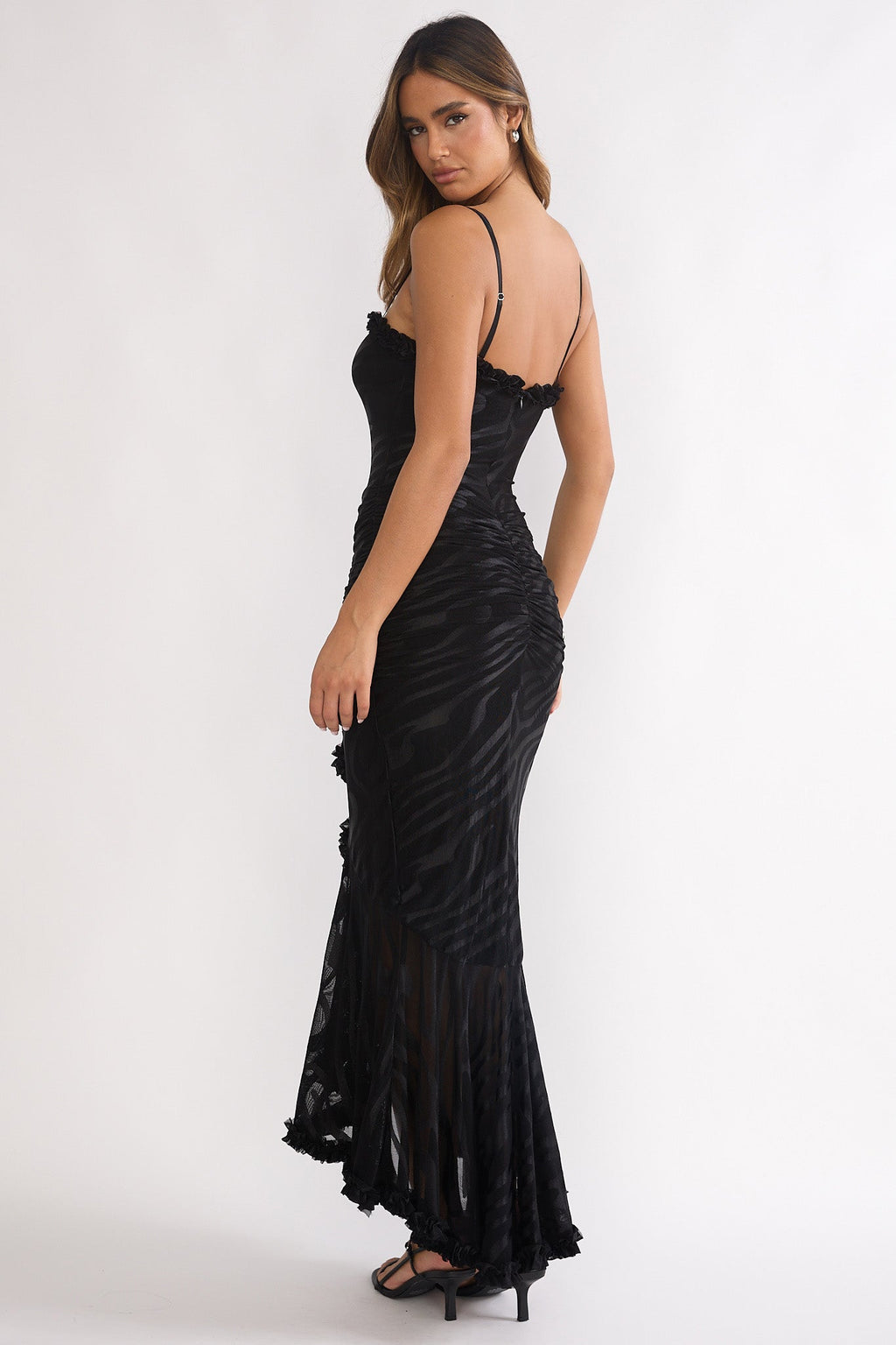 Everine Ruched Frill Trim Maxi Dress Black