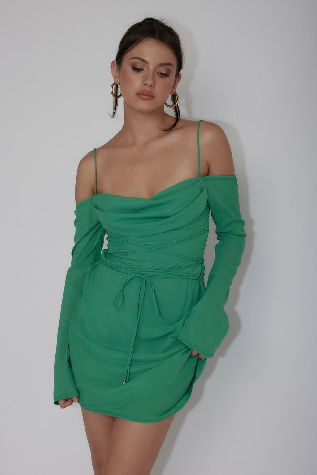 Teava Off-Shoulder Sleeve Laced Mini Dress Jade