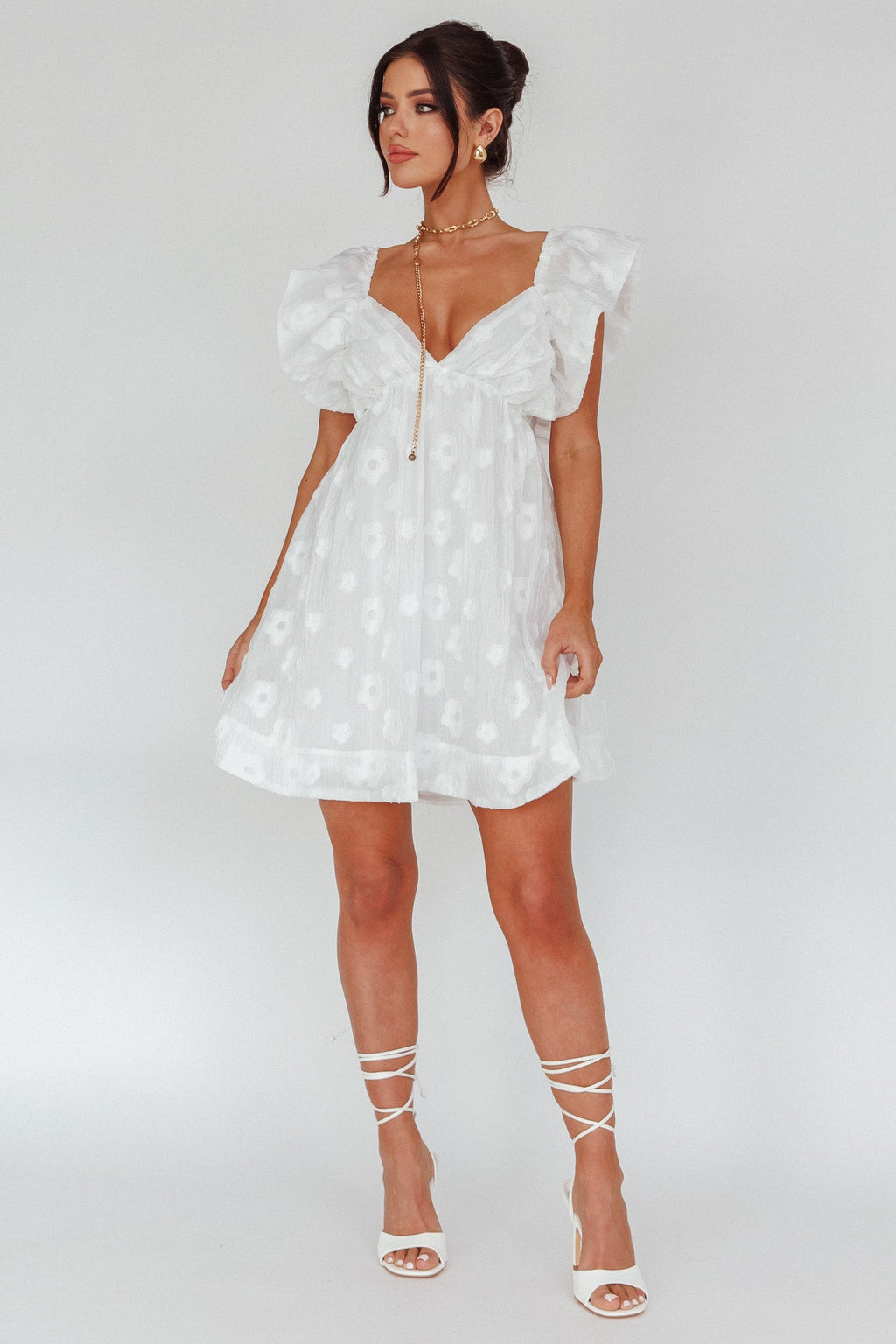Melrose Place Floral Textured Frill Dress White