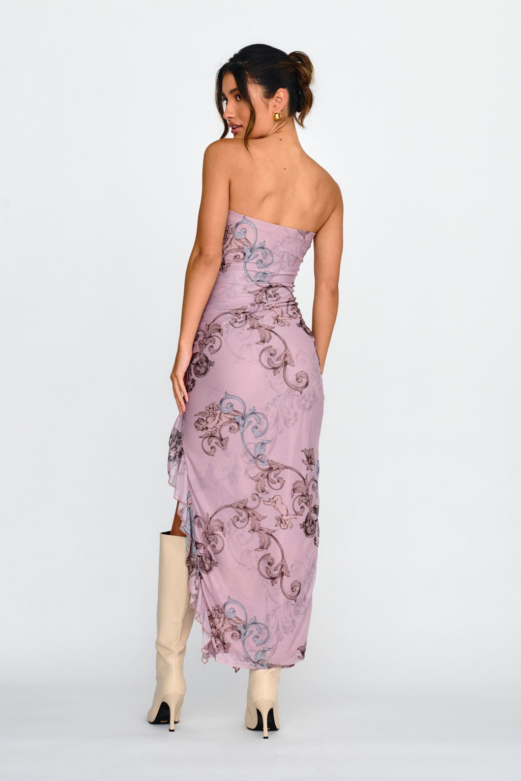 Shelby Strapless Ruffle Split Midi Dress Mauve