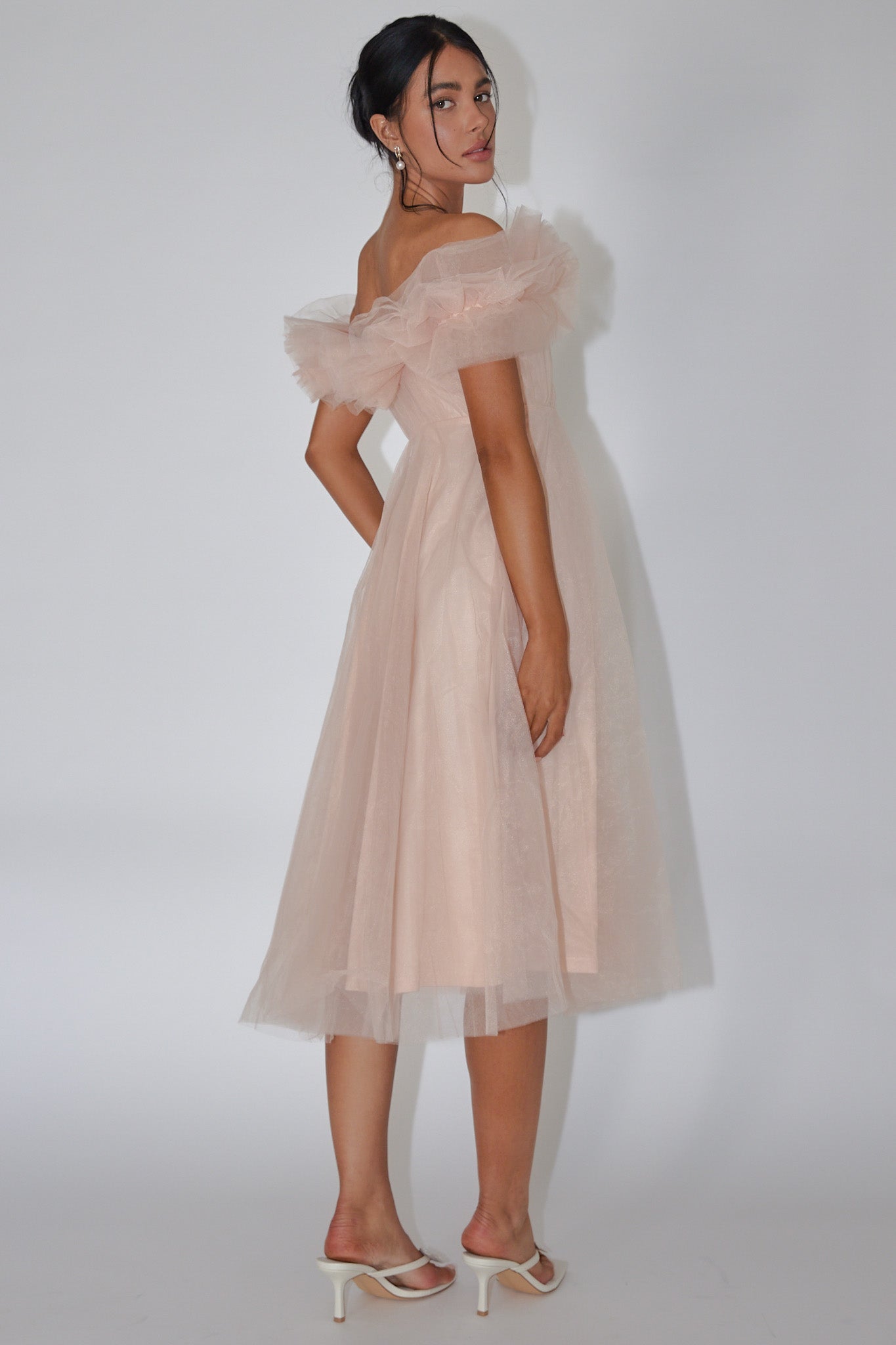 May Rose Off-Shoulder Tulle Midi Dress Taupe