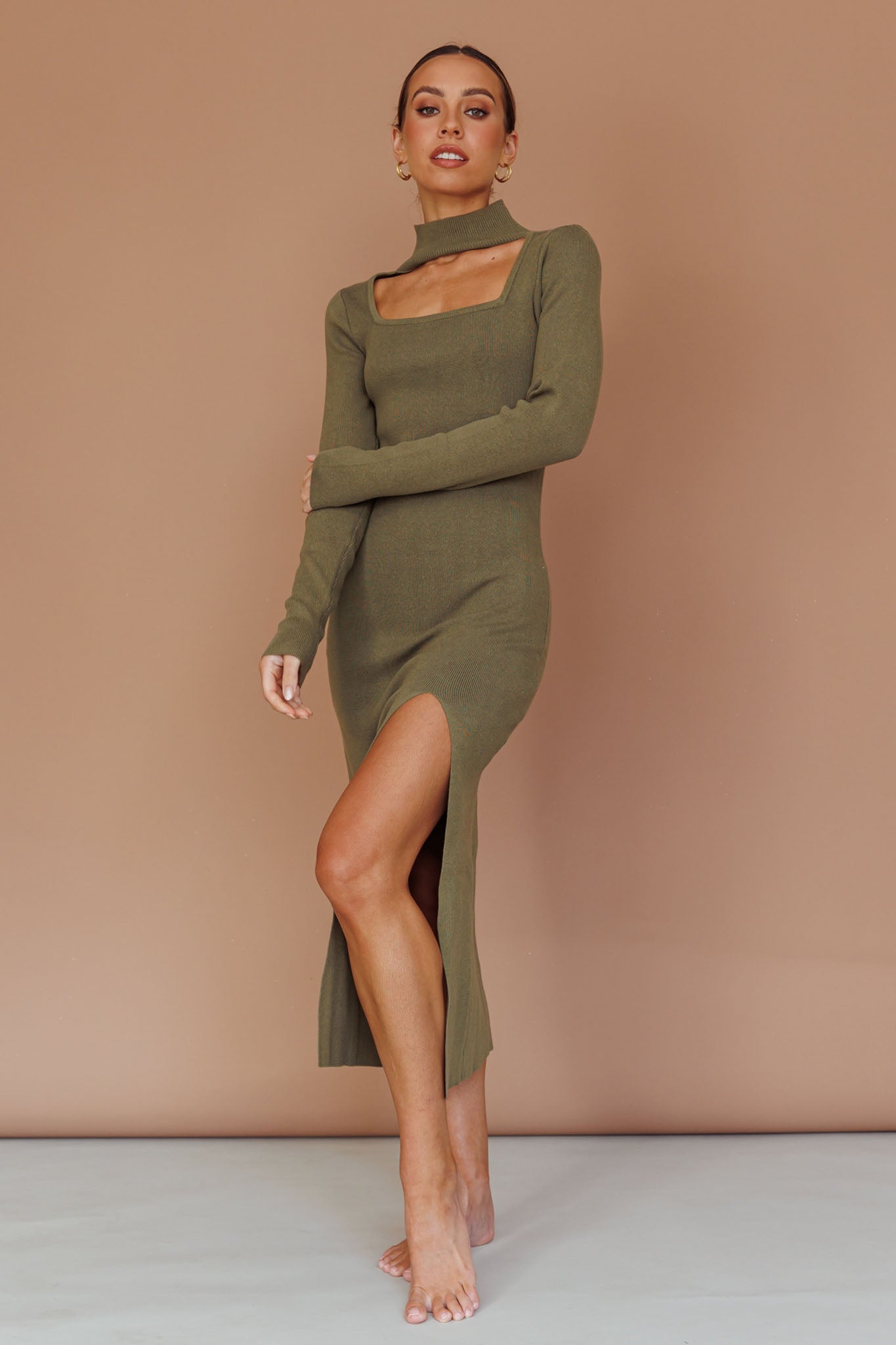 Get Acquainted Cut-Out Bust Midi Dress Olive