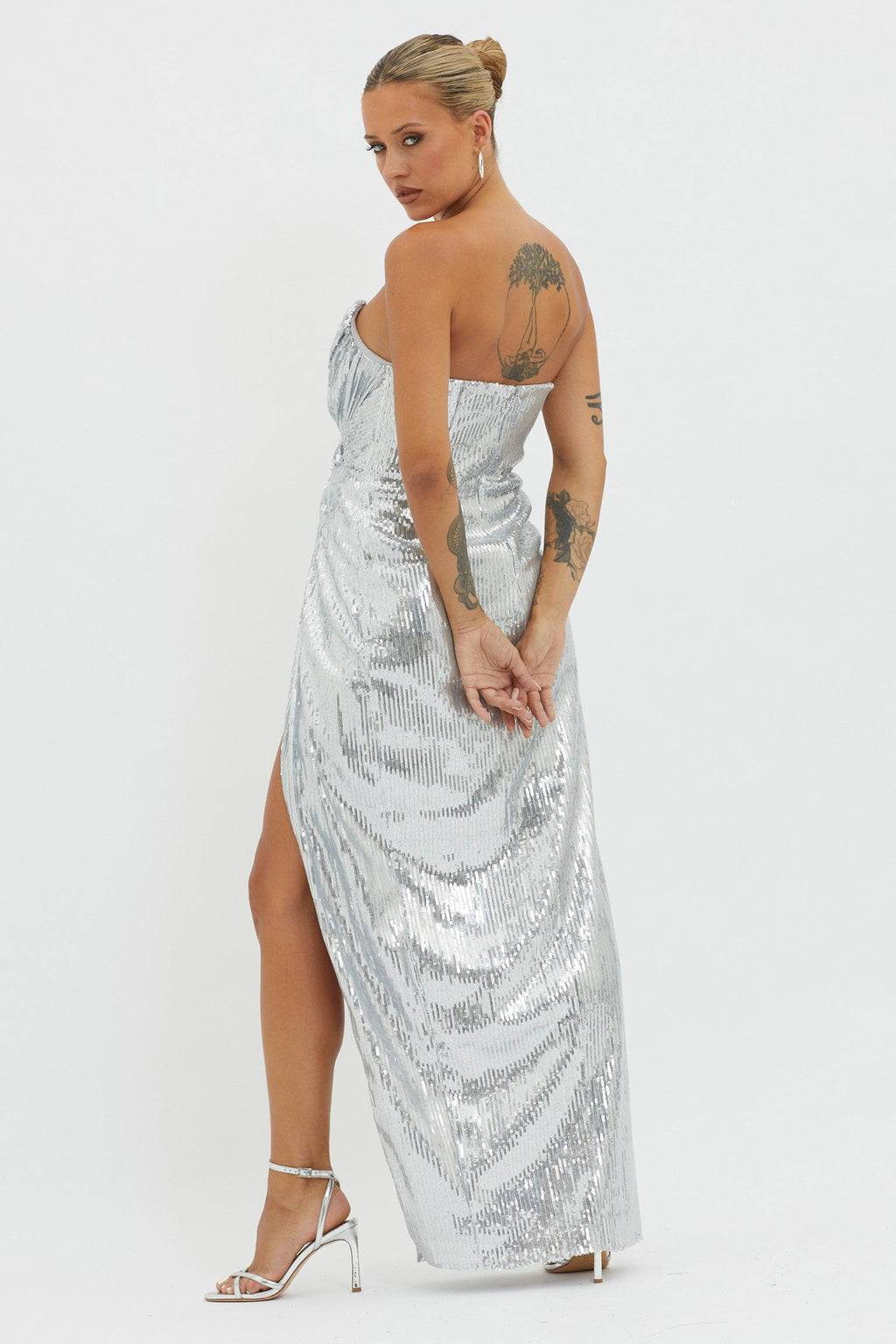 Angel Energy Strapless Sequin Maxi Dress Silver
