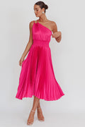 Calissa One Shoulder Pleated Midi Dress Magenta