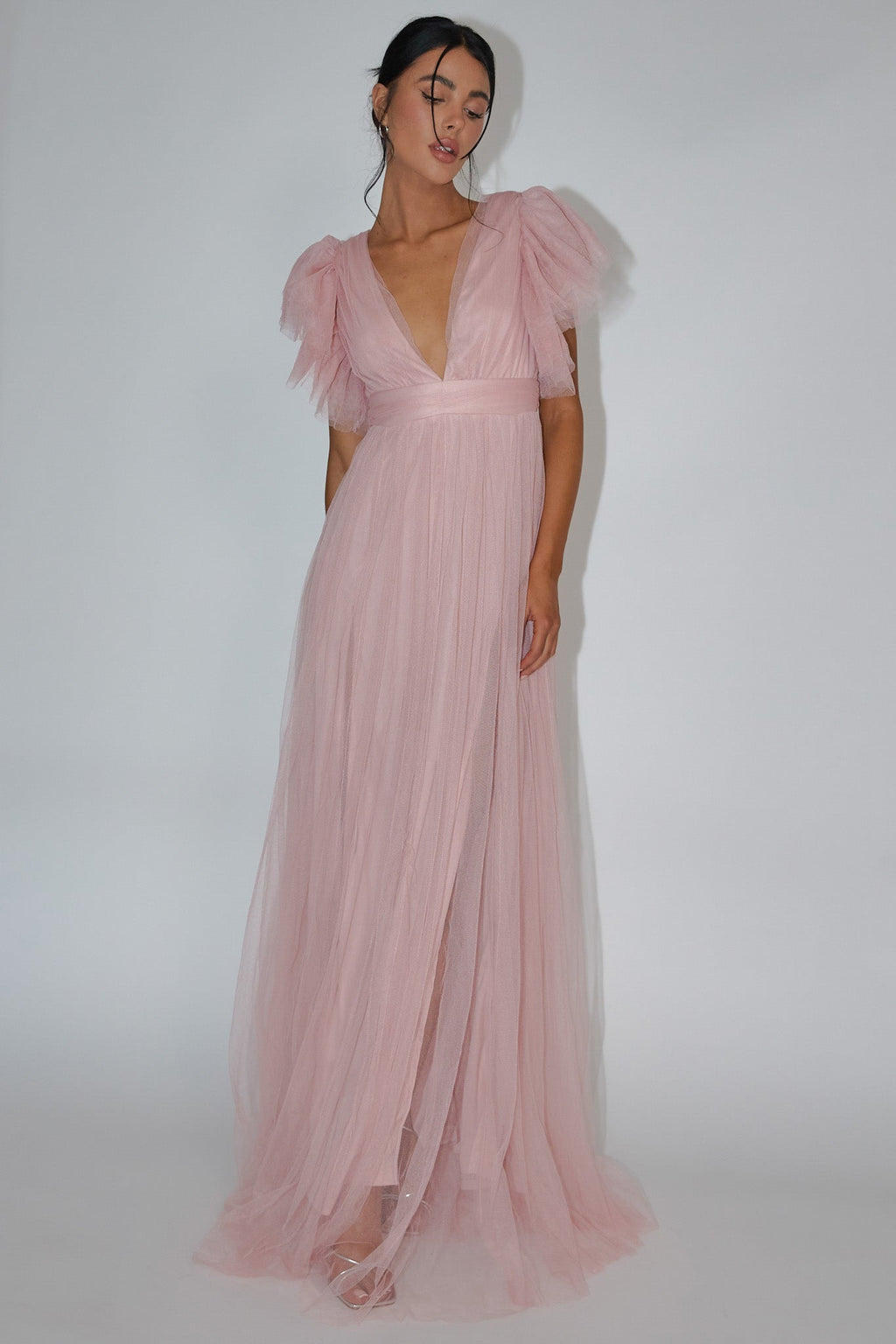 Heaven's Love Deep V-Neck Tulle Maxi Dress Blush