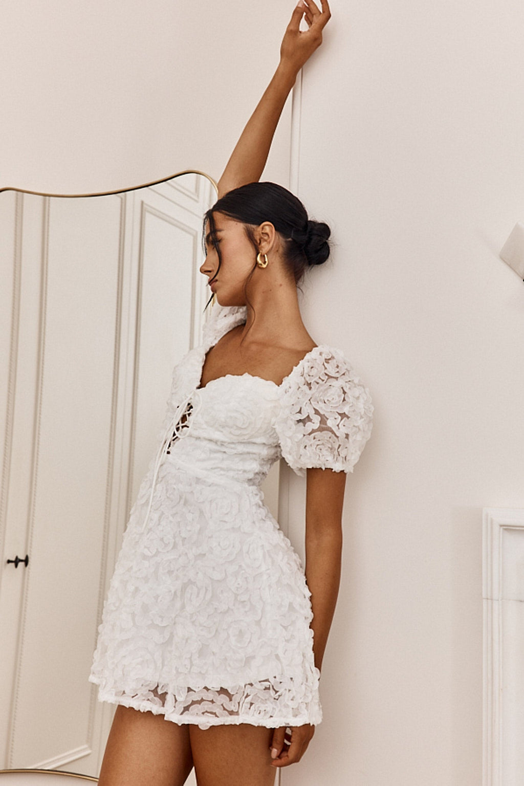 Imogen Laced Bodice Embellished Mini Dress Off White