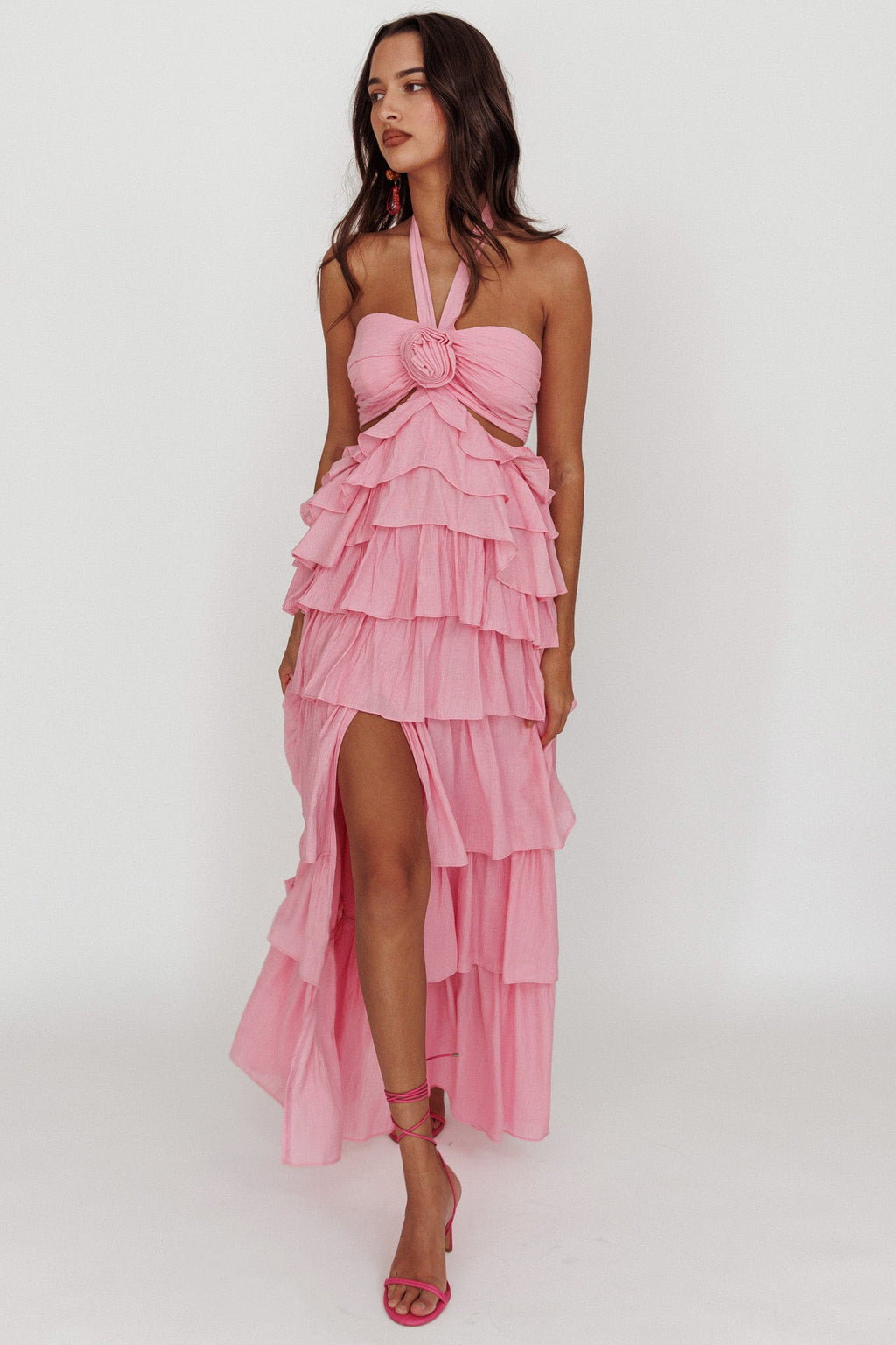 Morpheus Ruffle Halterneck Maxi Dress Pink
