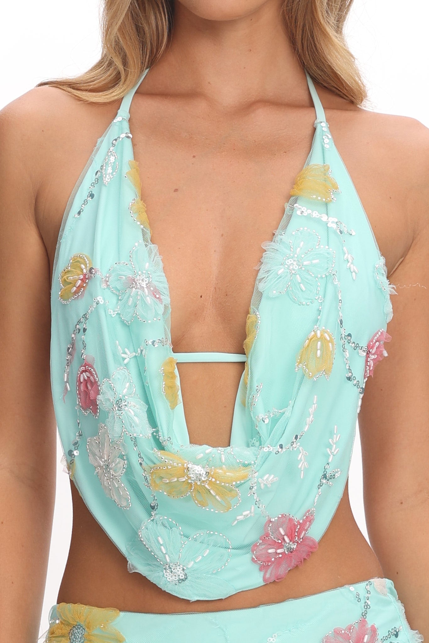 Kavera Cowl Halter Top Floral Sequin Aqua