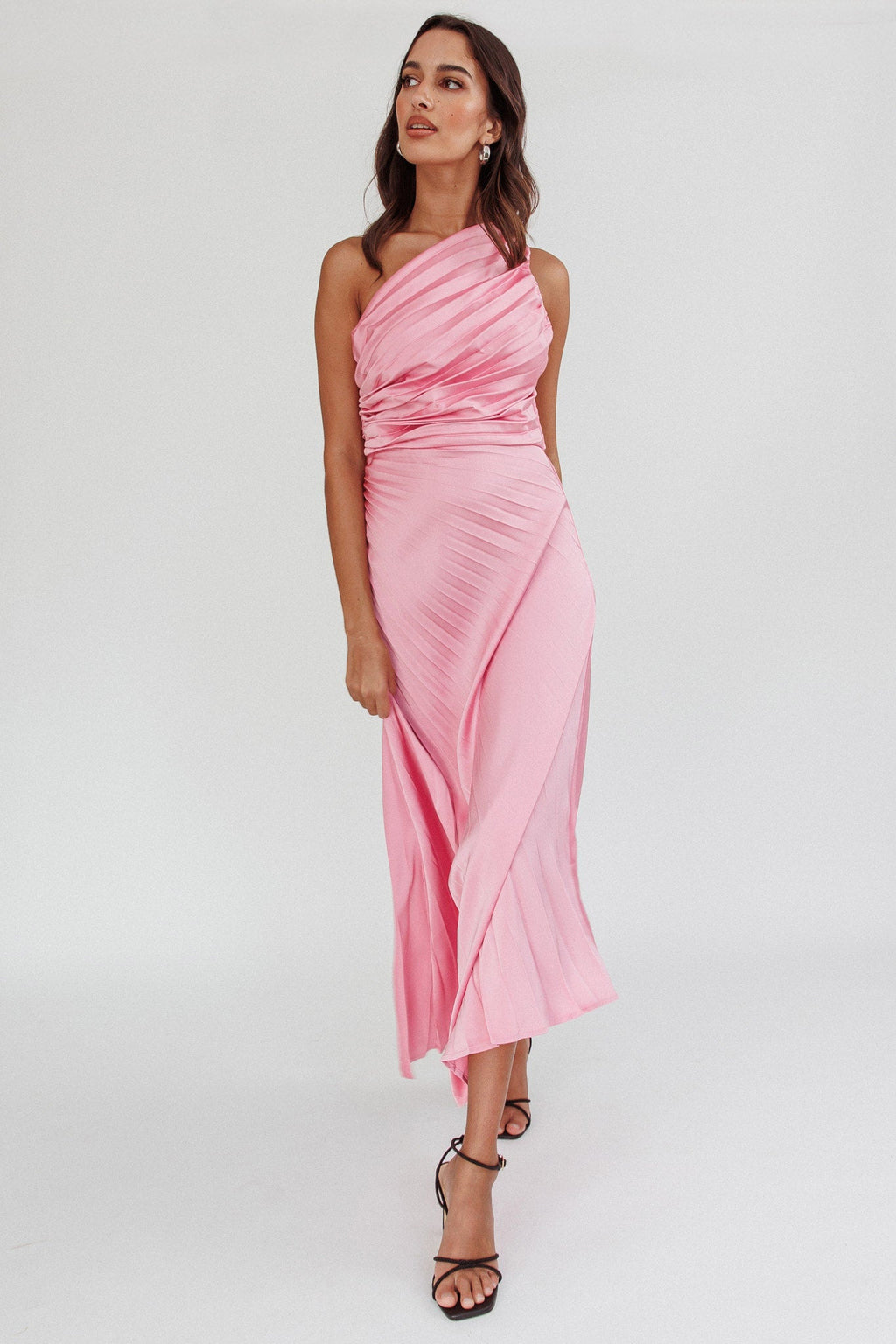 Scarlett One-Shoulder Pleat Maxi Dress Pink