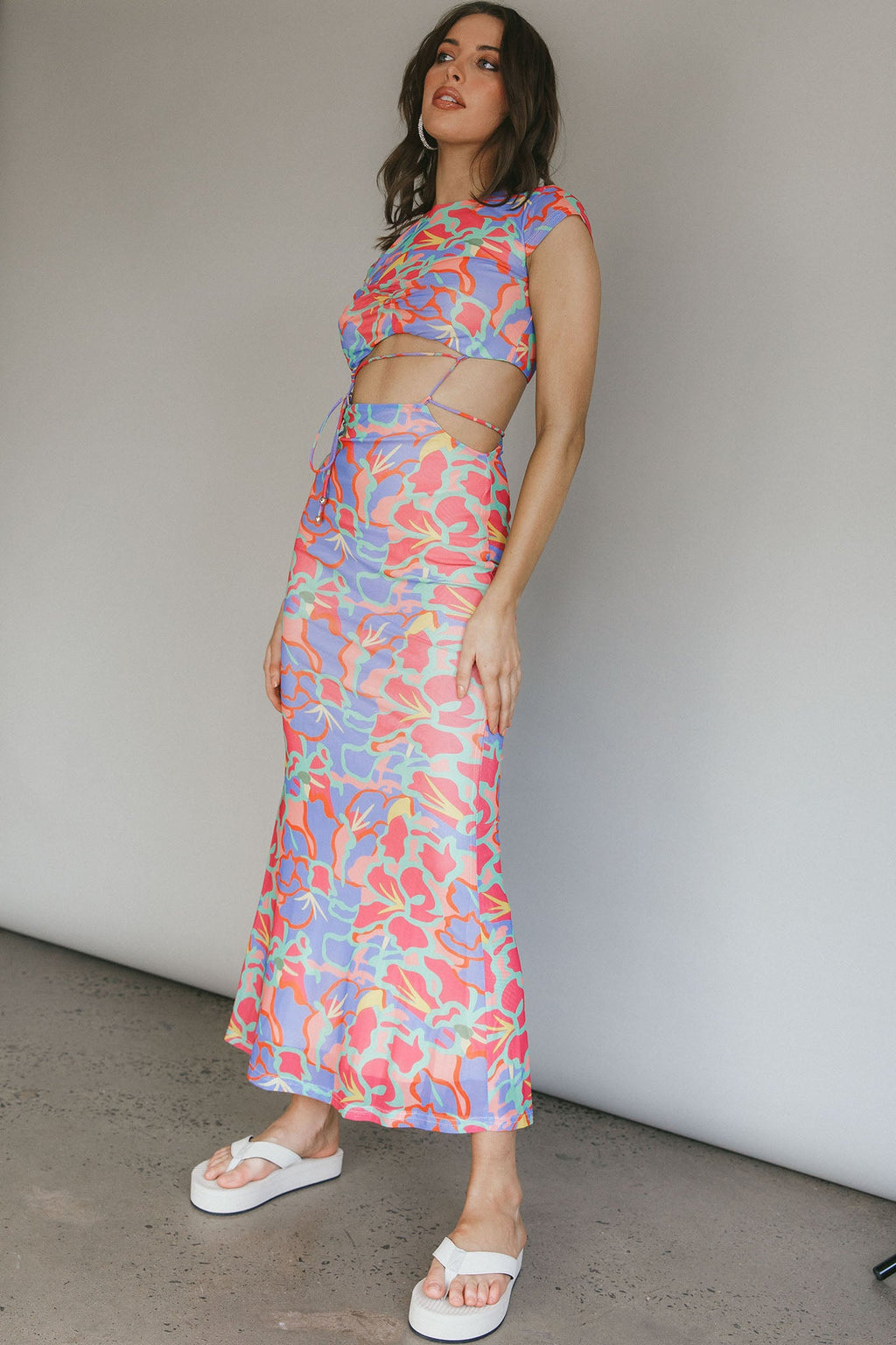 Capri Cap Sleeve String Maxi Dress Blue/Red