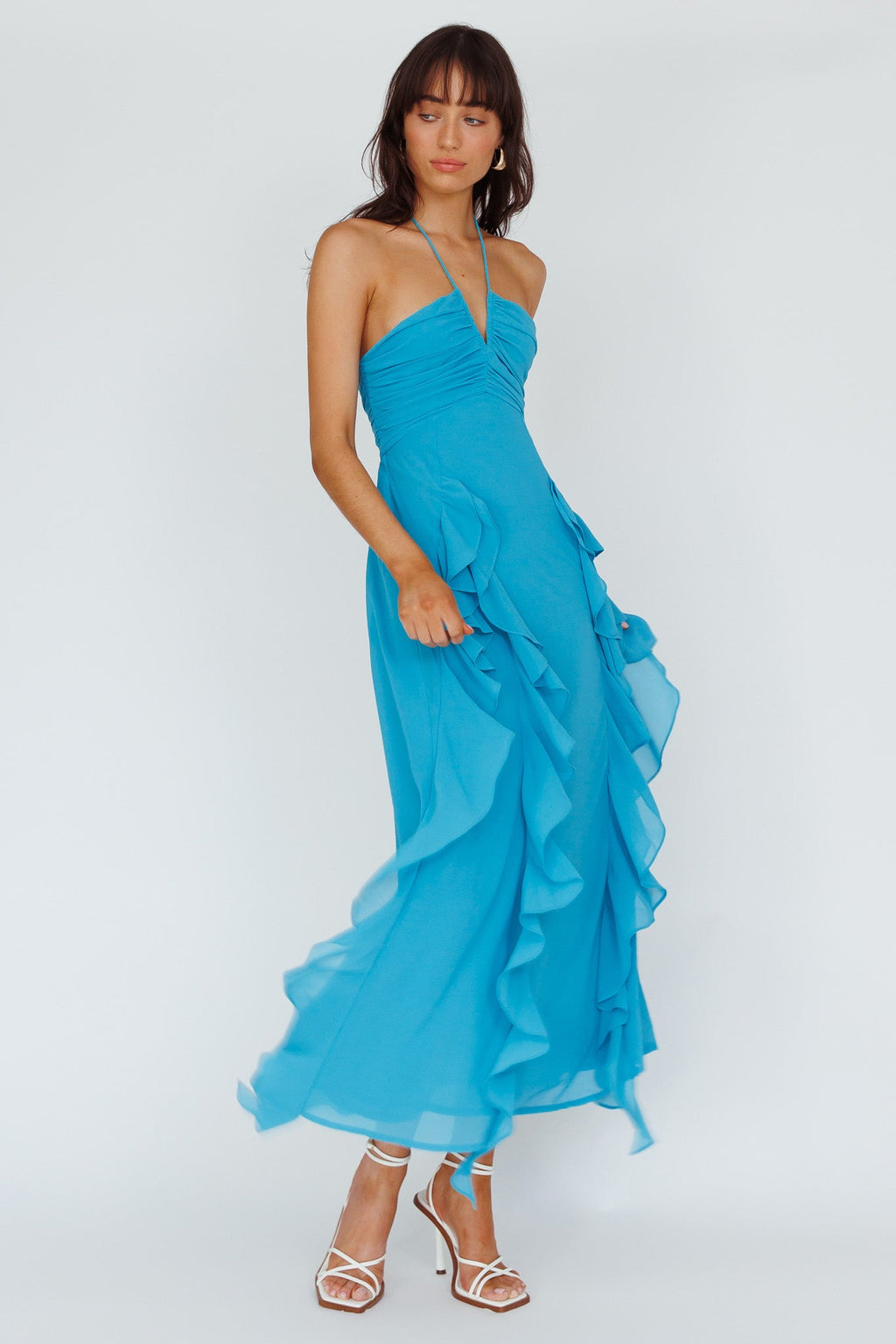 Asiah Ruffle Trim Halterneck Maxi Dress Cerulean Blue