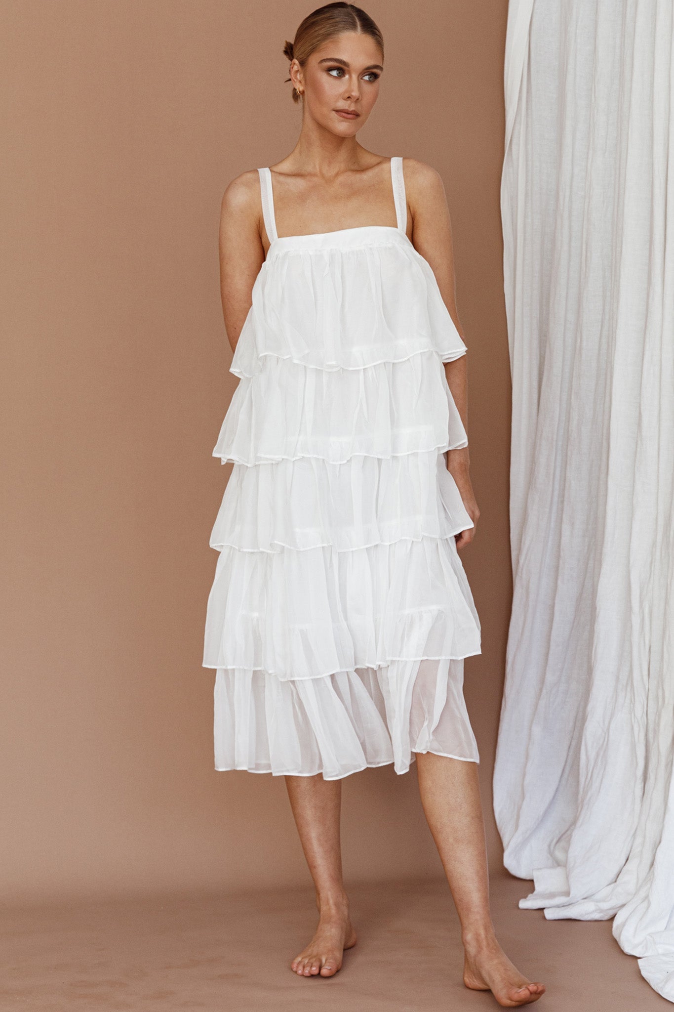 Merry Layered Frill Midi Dress White