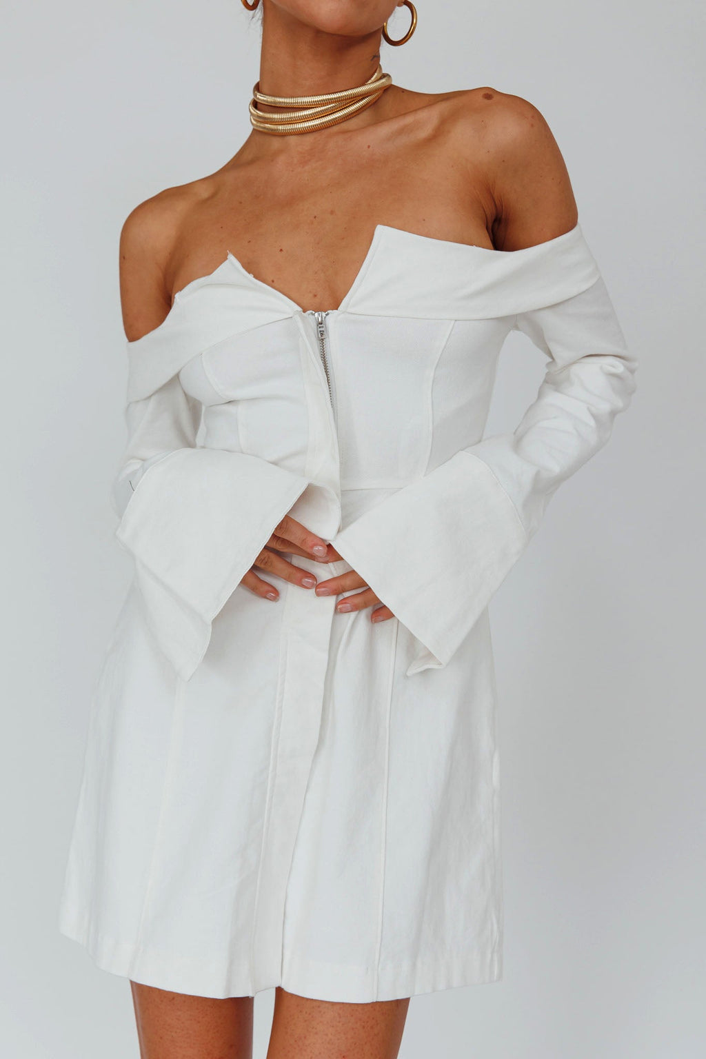 Tamra Long Sleeve Off-Shoulder Zip Dress White