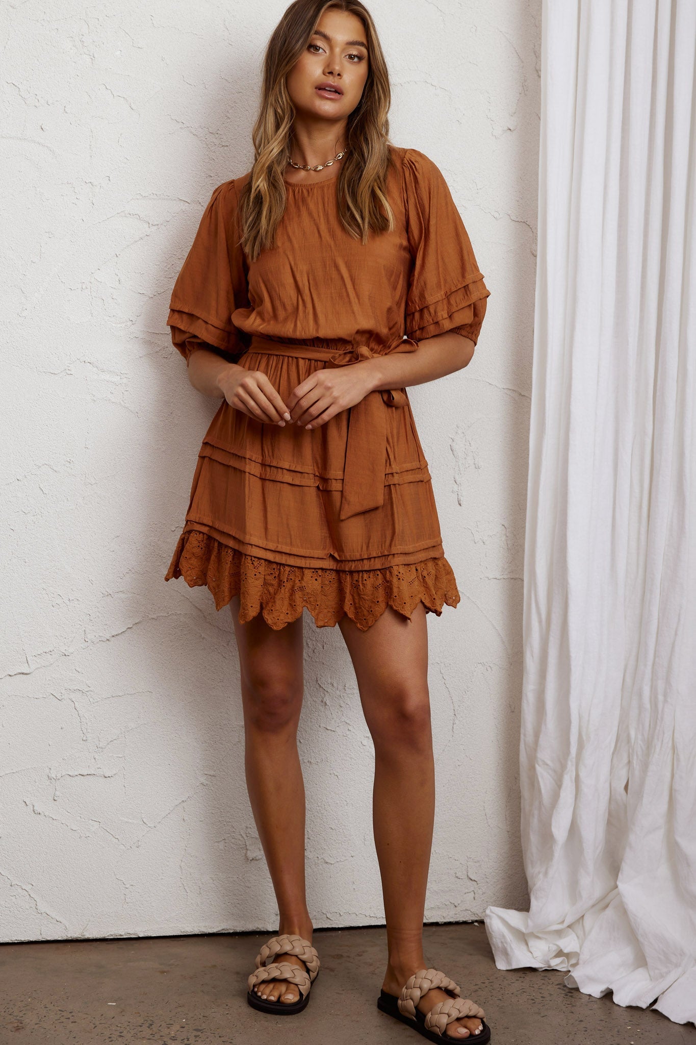 Laiken Waist Tie Pintuck Dress Tan