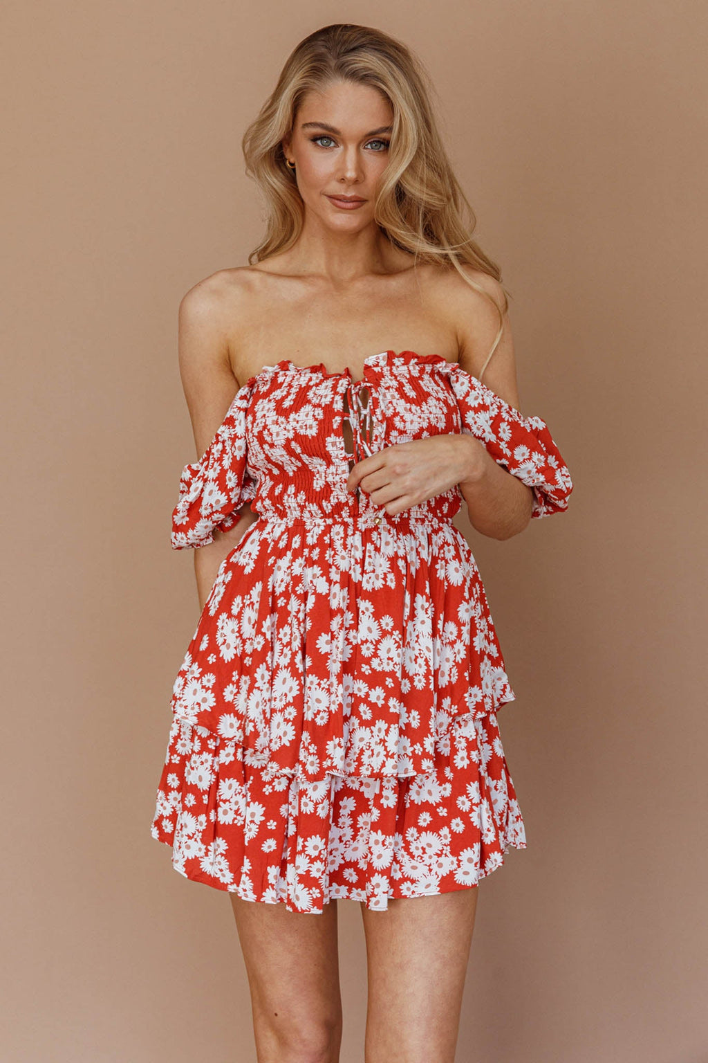 Buongiorno Bella Shirred Lace Up Mini Dress Floral Red