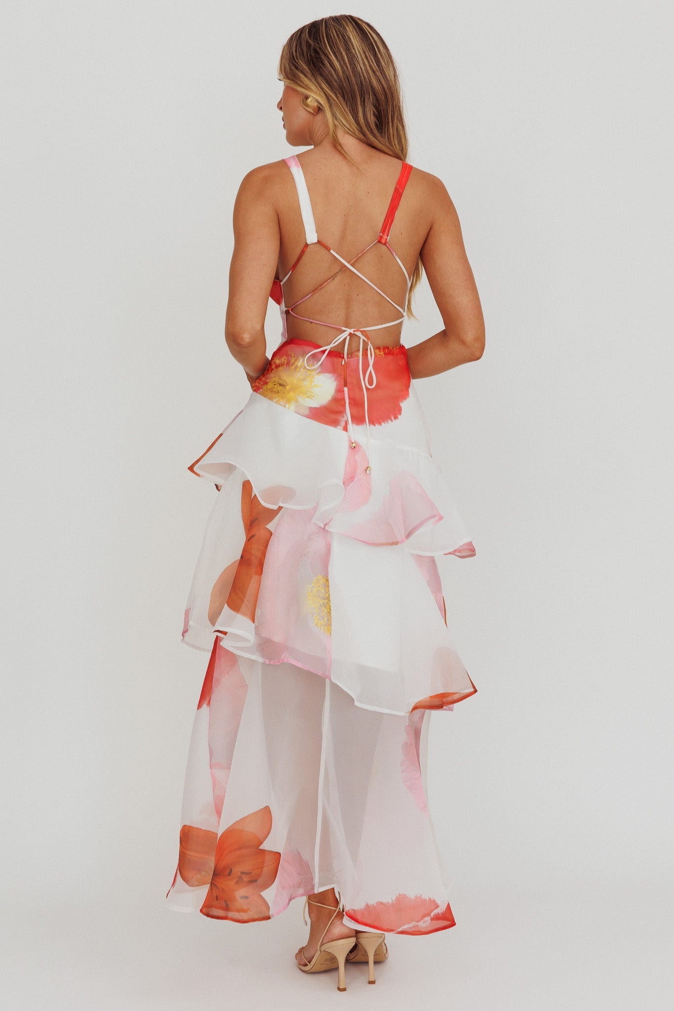 Veda Strappy Back Ruffle Maxi Dress Flowers Pink