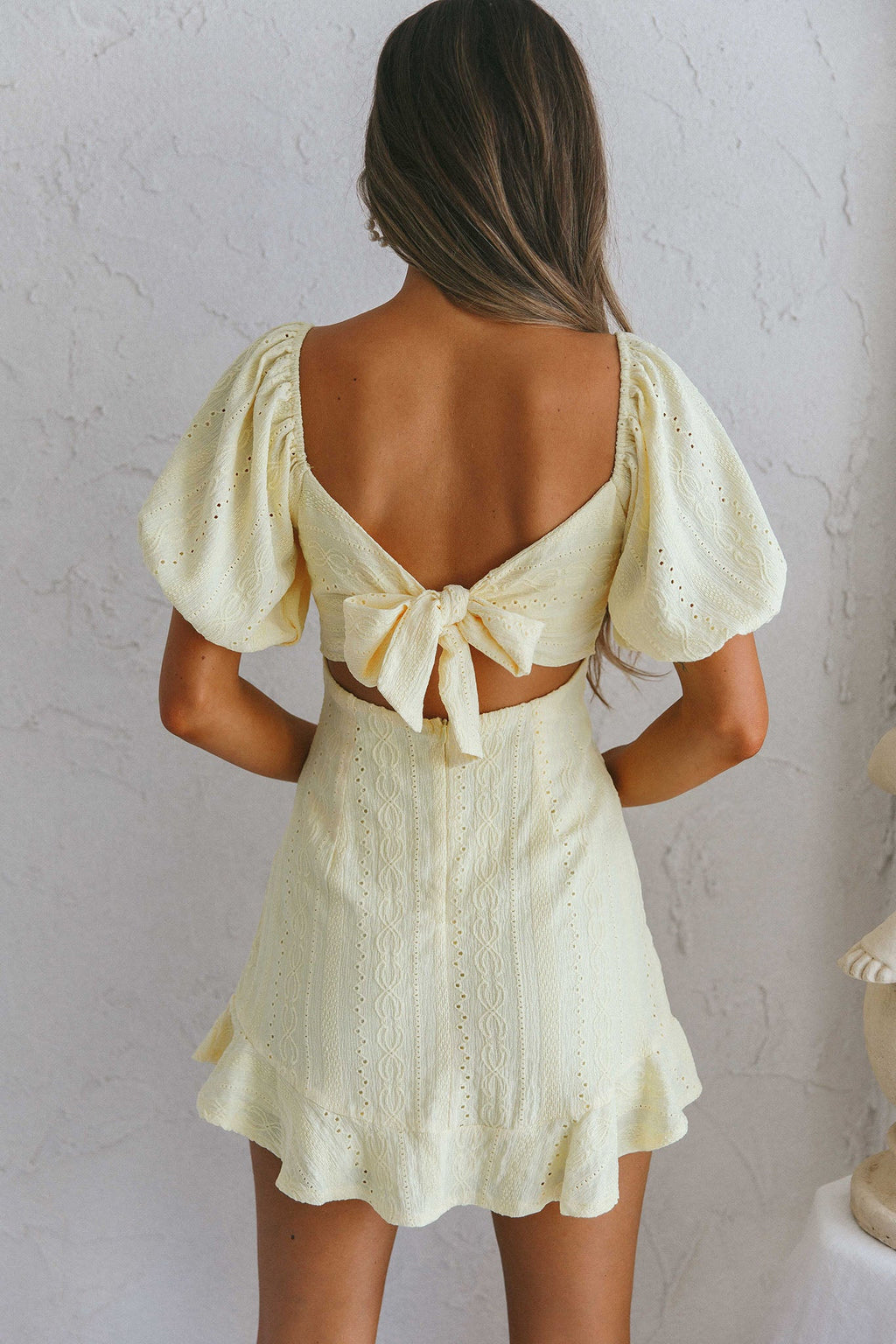 Mikayla Puff Sleeve Tied Back Eyelet Embroidery Dress Yellow