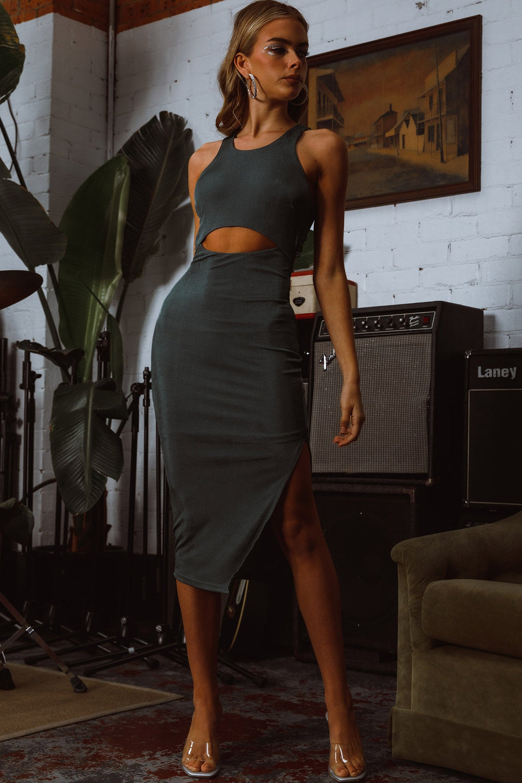 Dominique Cut-Out Twist Midi Dress Olive