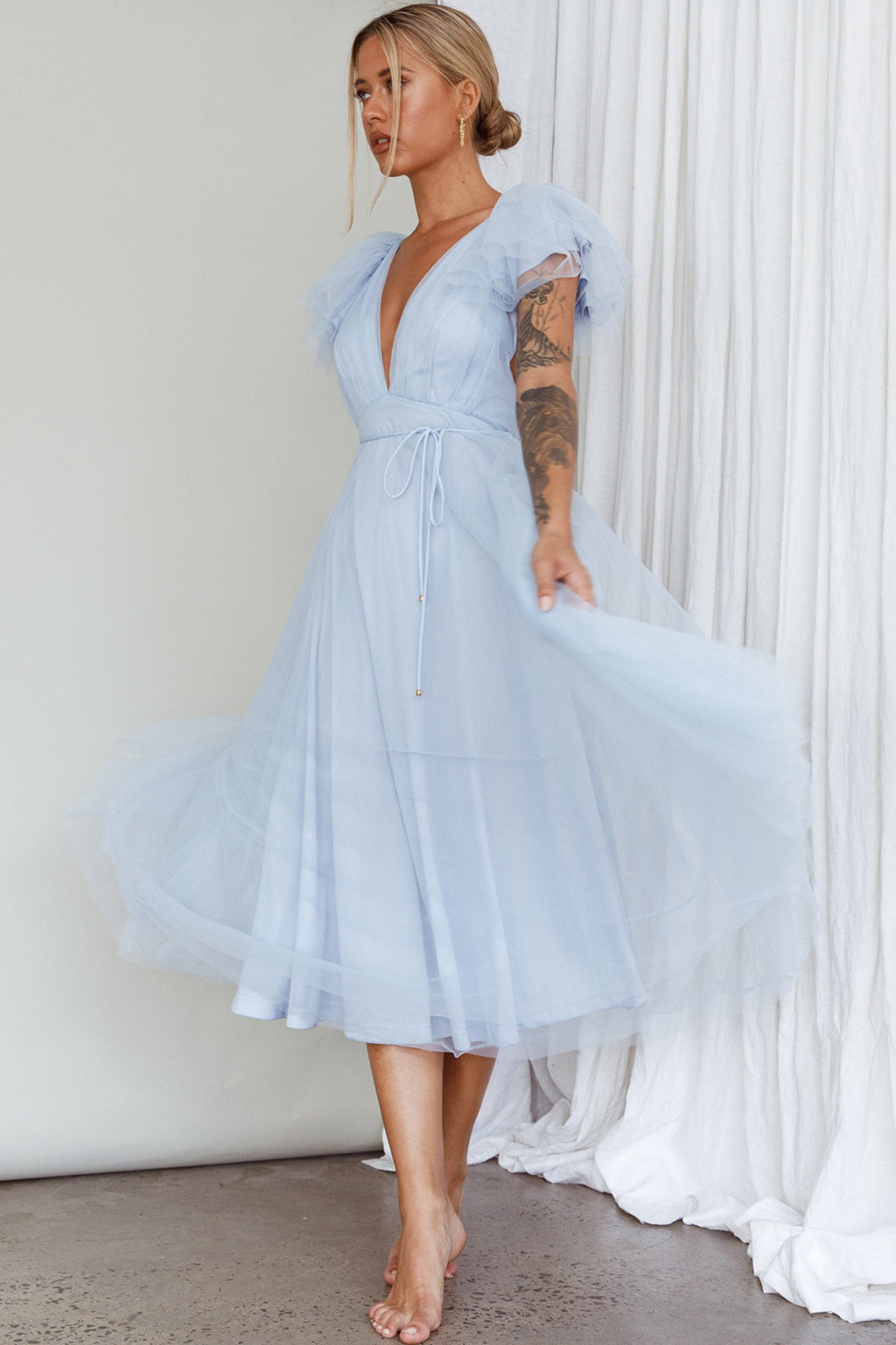 Leap Of Faith Frill Shoulder Tulle Midi Dress Blue