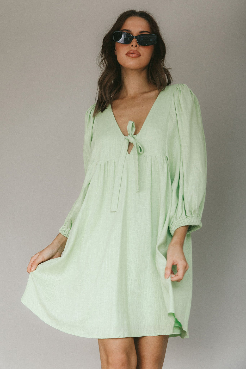 New Haven Puff Sleeve Swing Dress Lime