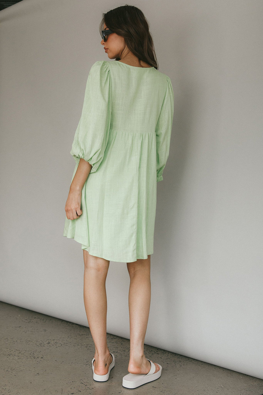 New Haven Puff Sleeve Swing Dress Lime