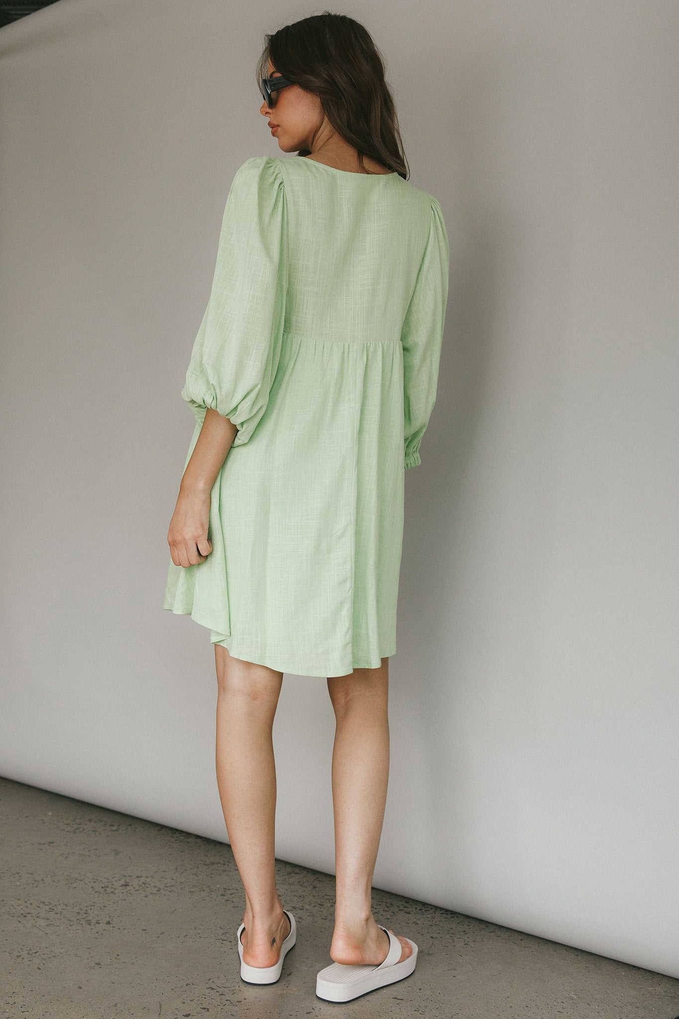 New Haven Puff Sleeve Swing Dress Lime