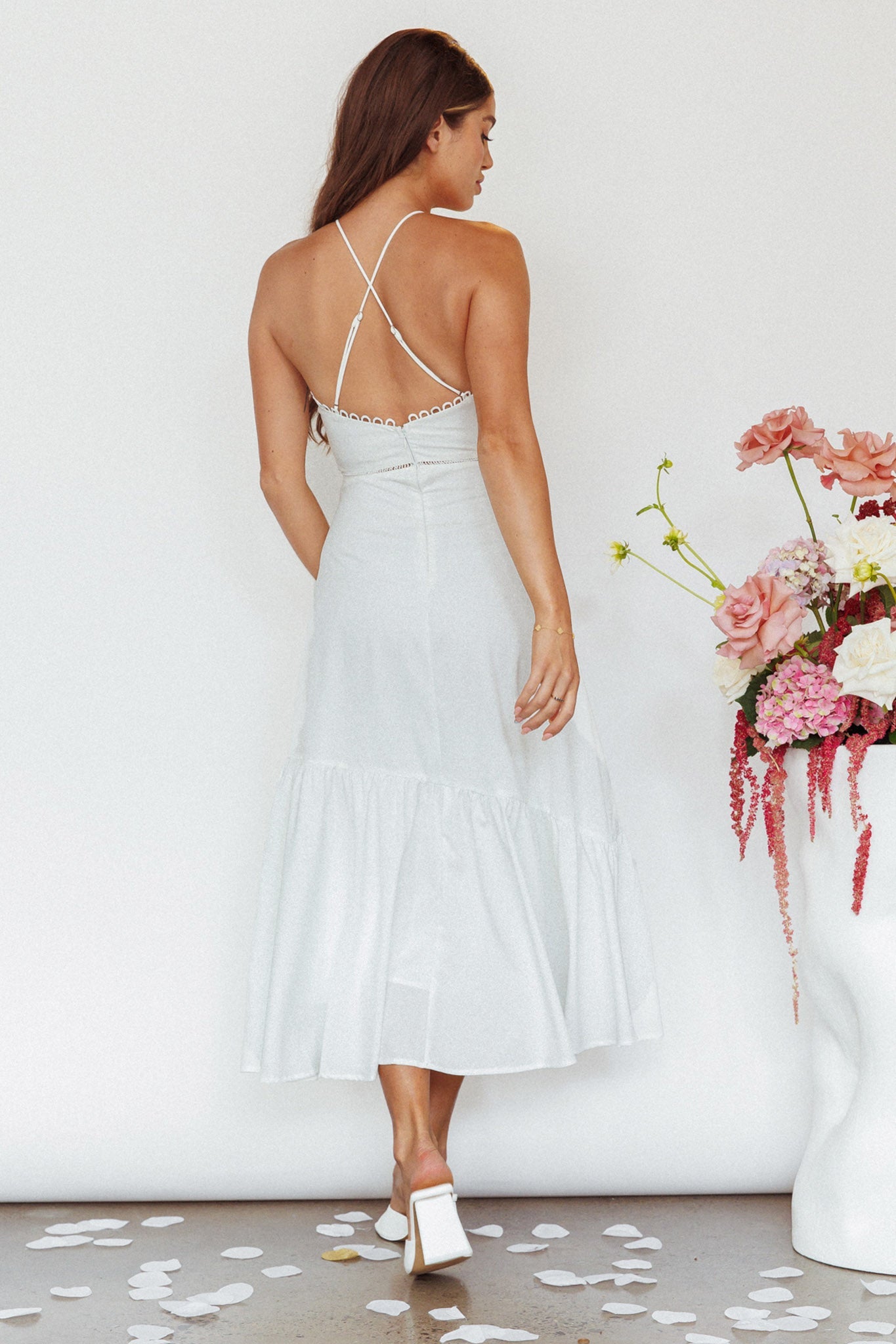 Felini Criss-Cross Back Flounce Midi Dress White