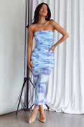 Logan Strapless Ruched Midi Dress Blue
