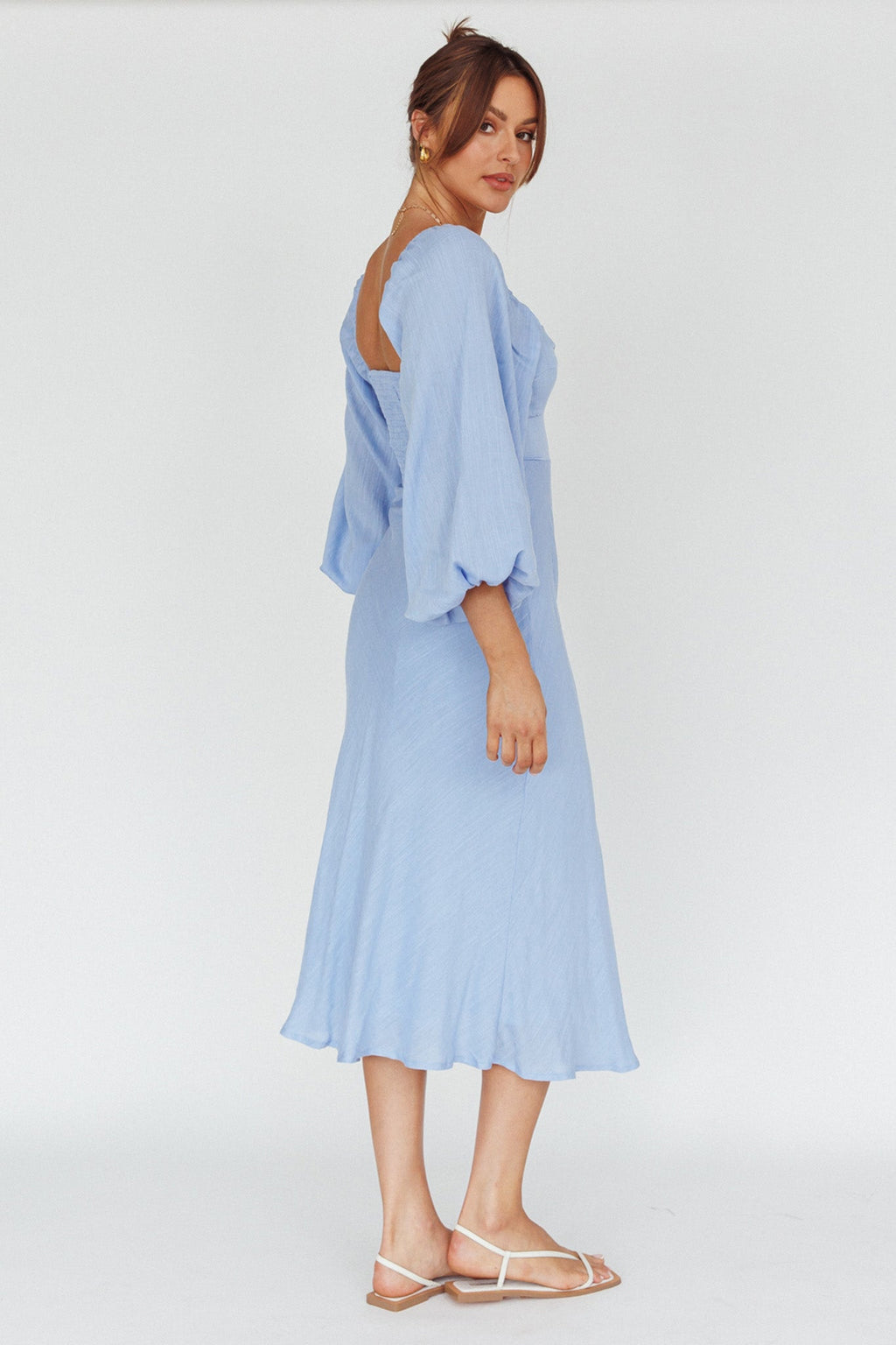 Betina Twist Bust Long Sleeve Midi Dress Blue