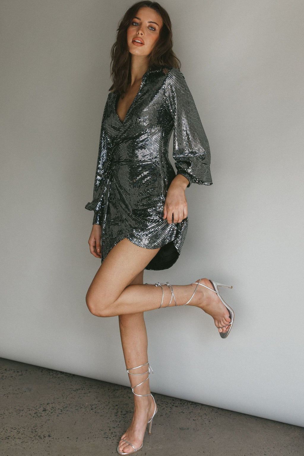 Ruma Faux Wrap Shirt Dress Sequin Metal