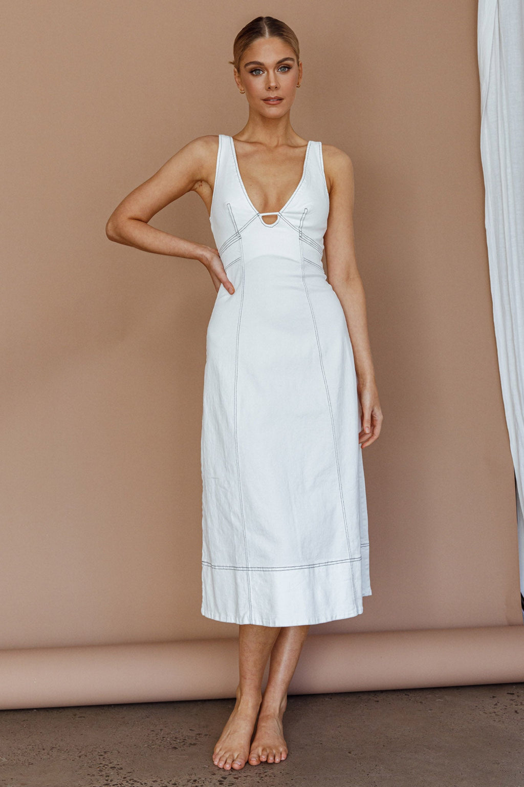 Elias Decorative Stitch Midi Dress White