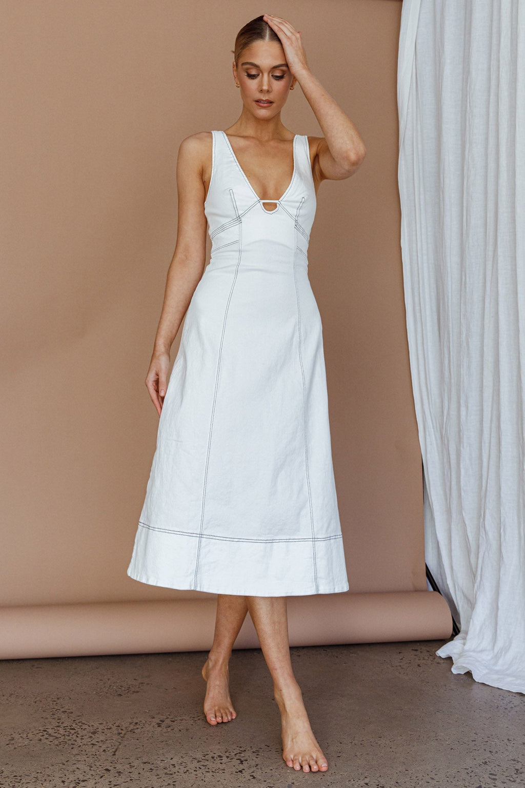 Elias Decorative Stitch Midi Dress White