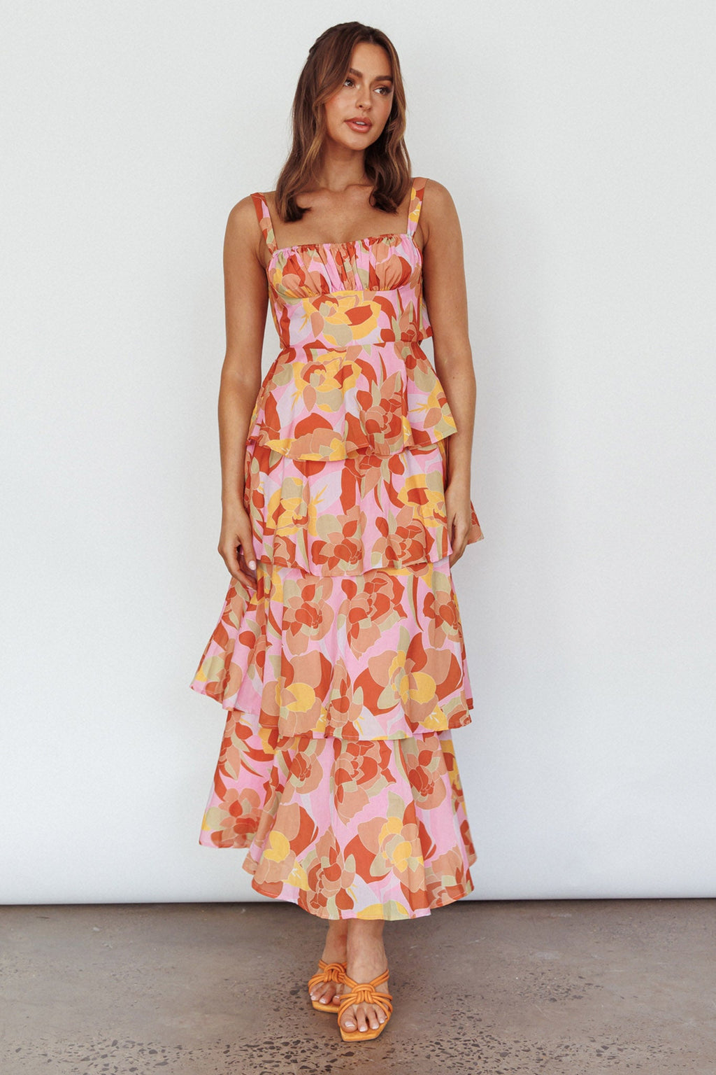 Provence Bloom Tiered Midi Dress Abstract Pink Multi