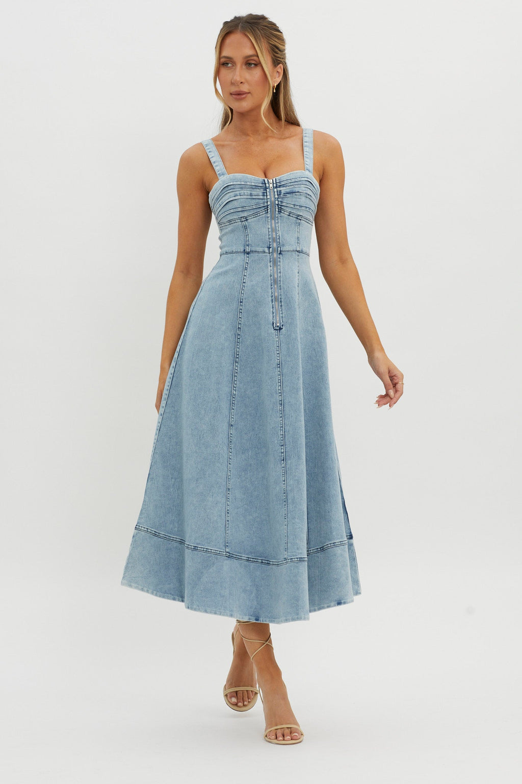 Emilio Pleated Bust A-Line Midi Dress Denim Blue