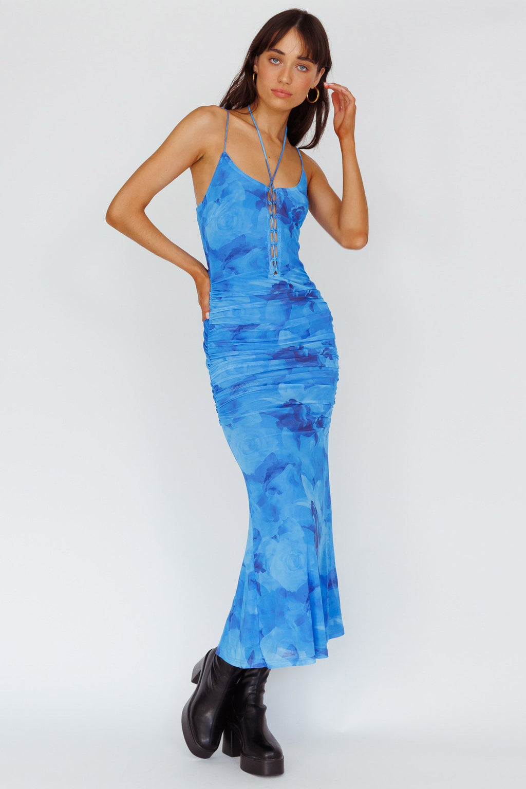 Gypsy Garden Laced Bodice Ruched Midi Dress Blue