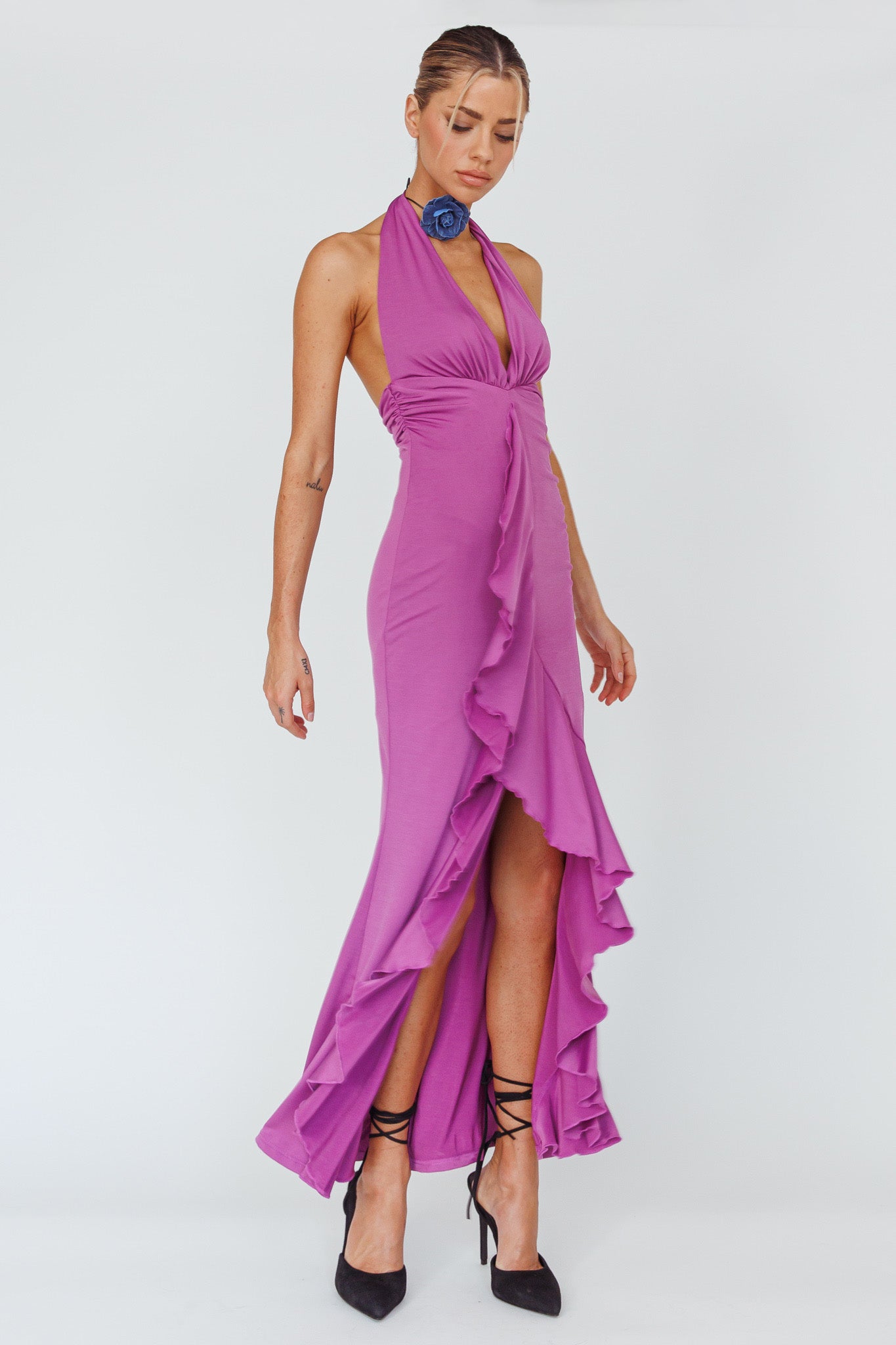 Zaphirah Halterneck Ruffle Dress Magenta
