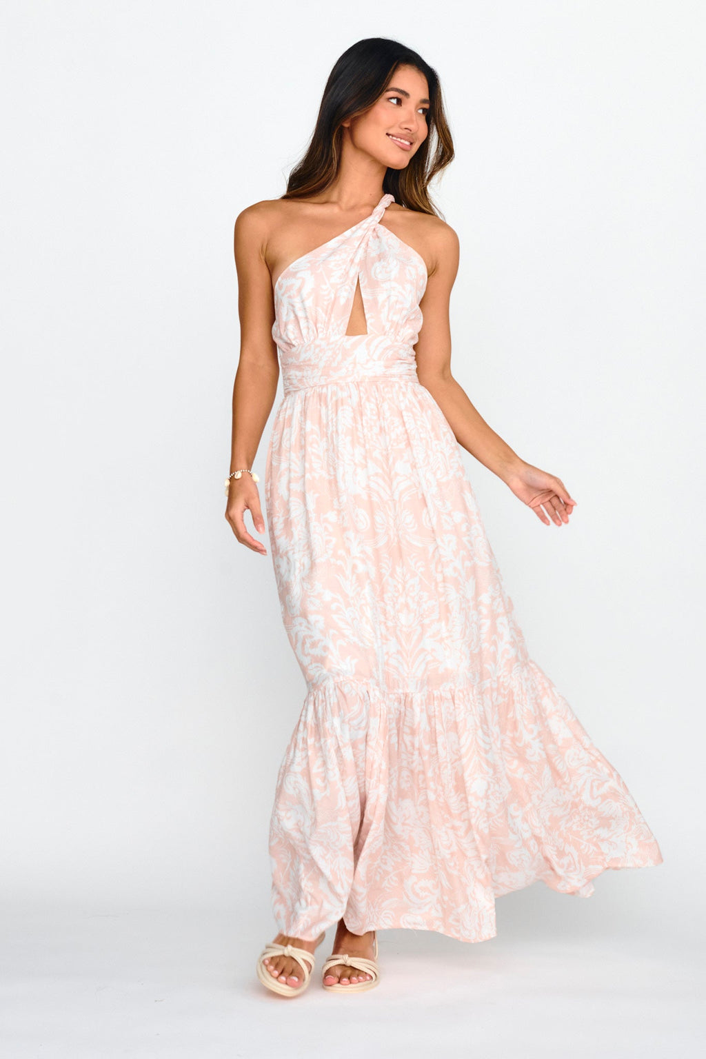 Kamali One-Shoulder Keyhole Maxi Dress Beige