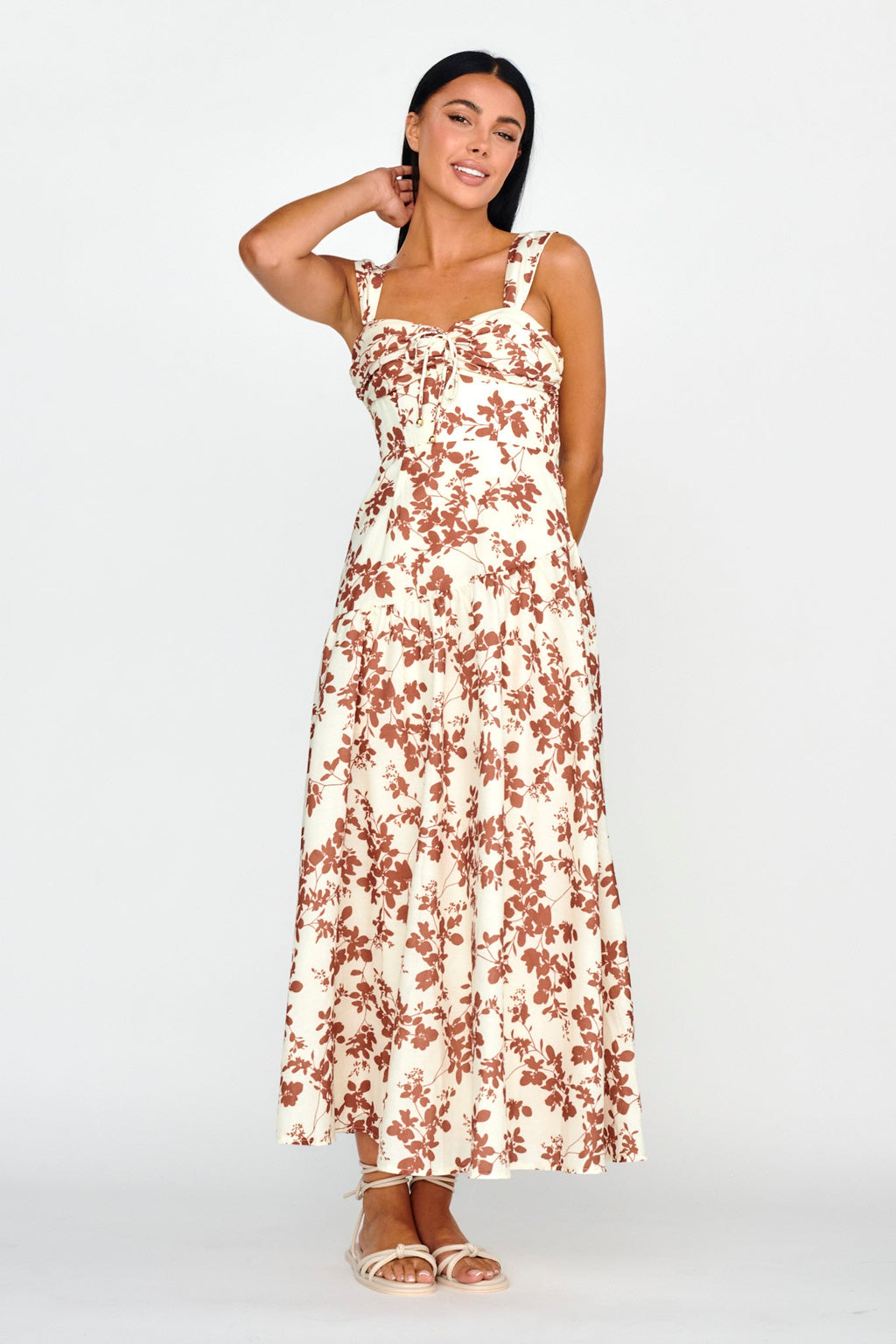 Nichola Ruched Bust Midi Dress Floral Brown