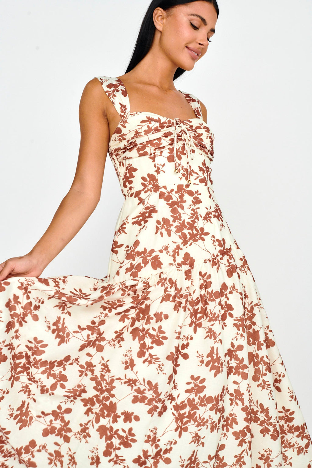 Nichola Ruched Bust Midi Dress Floral Brown