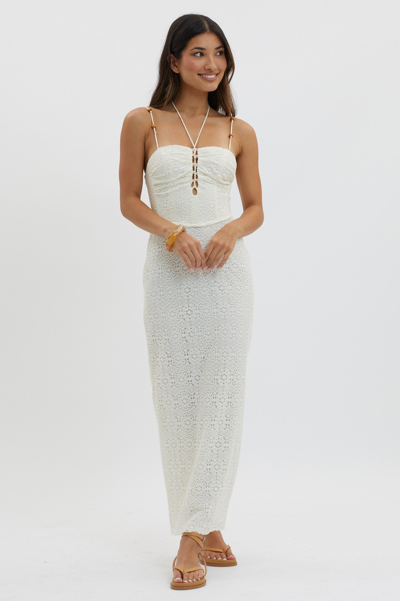 Namaste Bead Strap Lace Midi Dress White