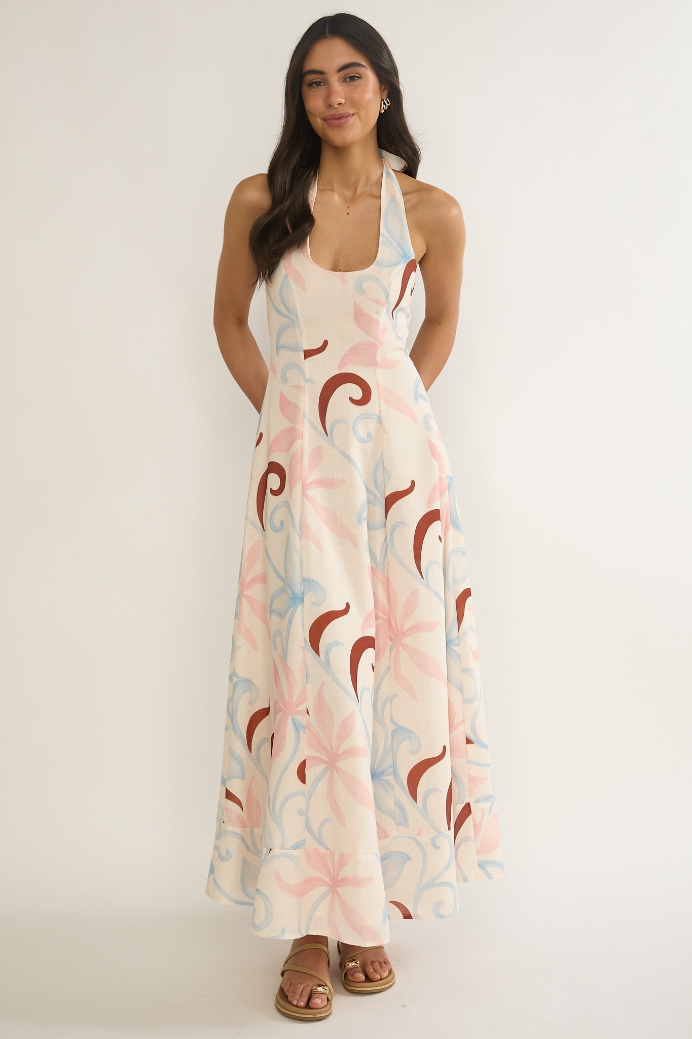 Florie Scoop Neck Halter Maxi Dress Floral