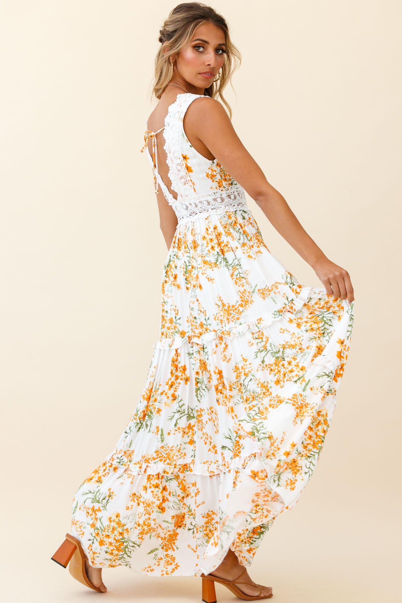 Indio Crochet Insert Deep V-Neckline Maxi Dress Floral Print White/Orange