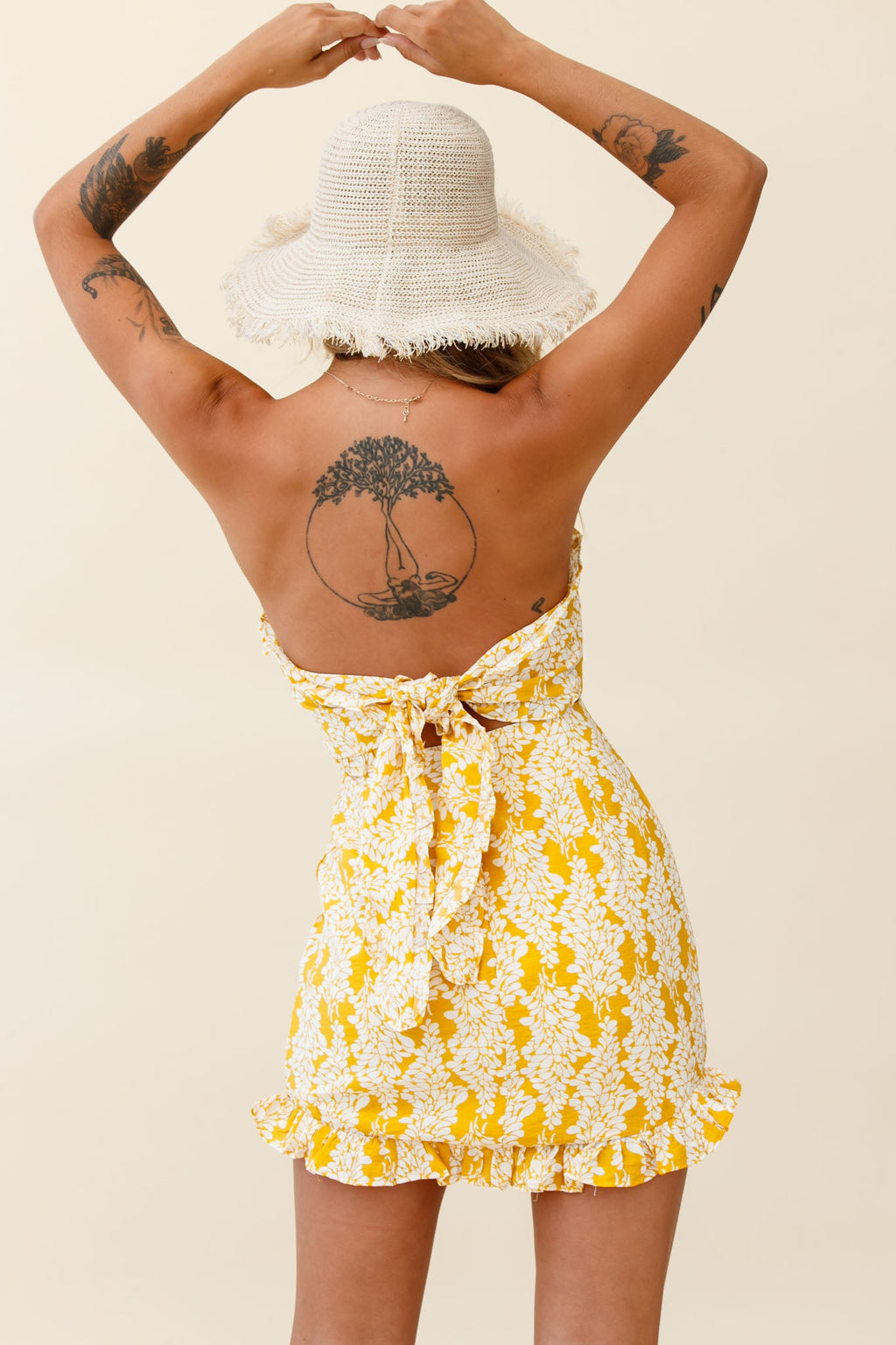Dollface Bandeau Ruffle Detail Mini Dress Leaf Print Yellow