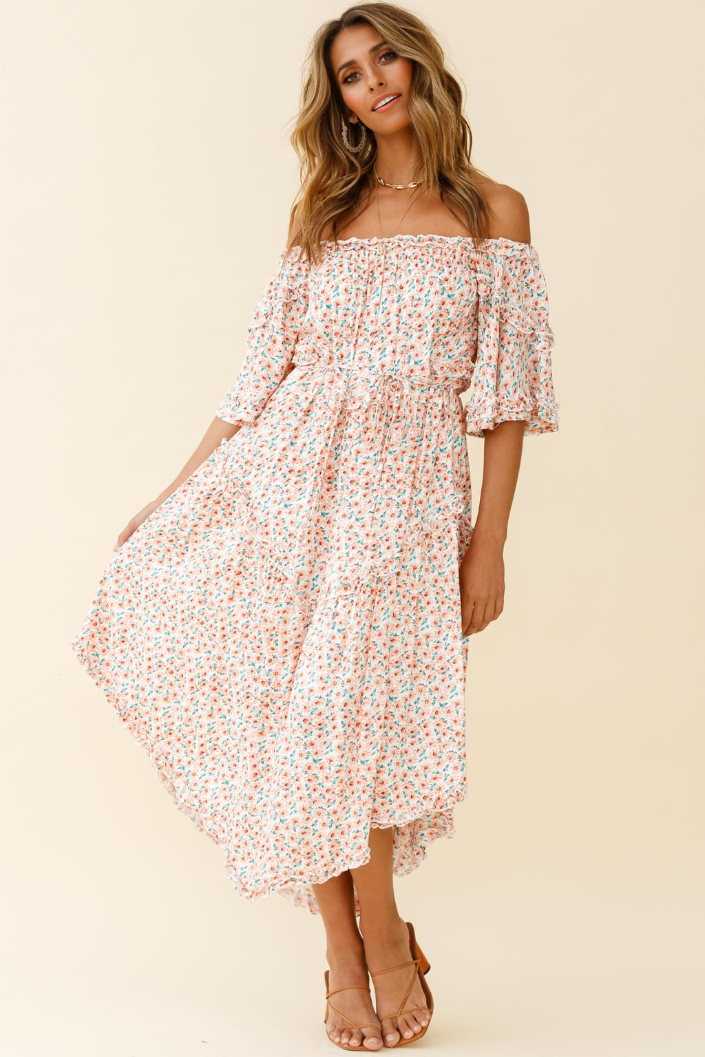 Renoir Off-Shoulder Frill Trim Dress Floral Print Pink
