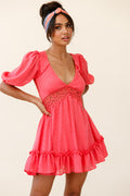 Everleigh Milkmaid Sleeve Exposed Back Dress Coral
