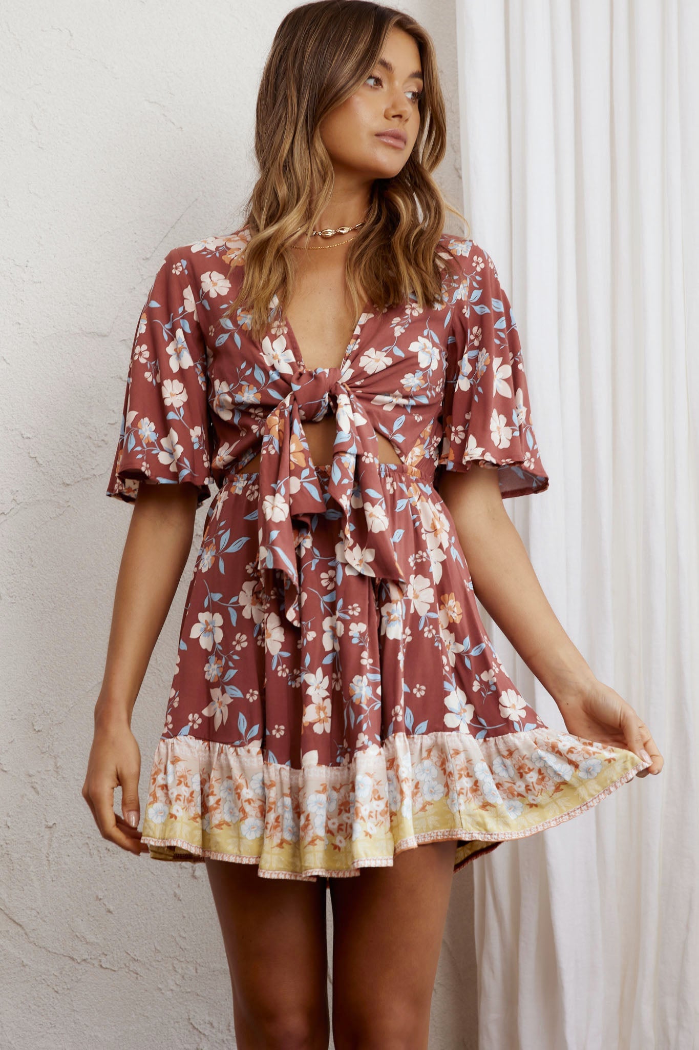 Suva Tie-Knot Bust A-Line Dress Floral Chocolate