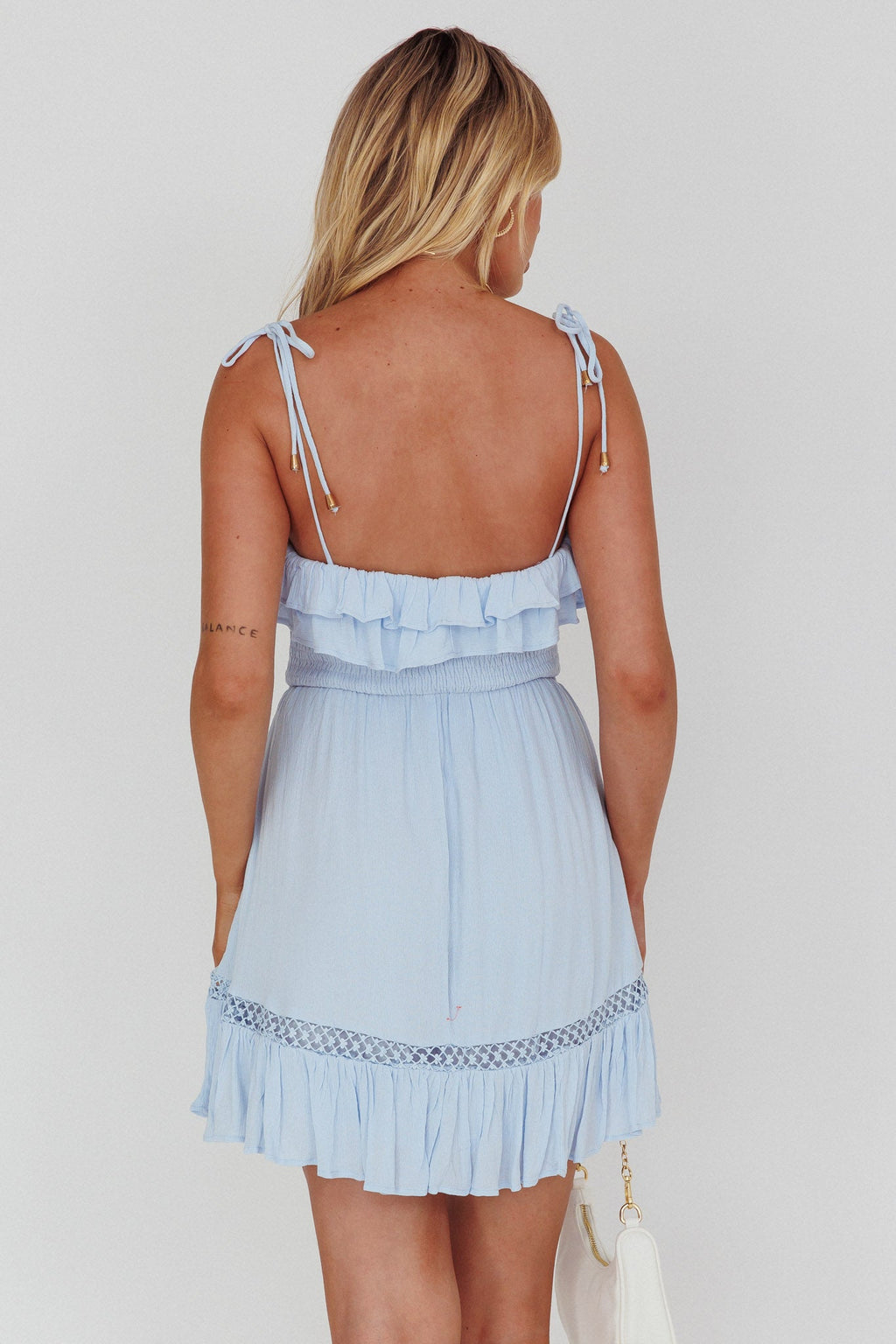 Daydream Shirred Bust Frill Trim Mini Dress Ice Blue