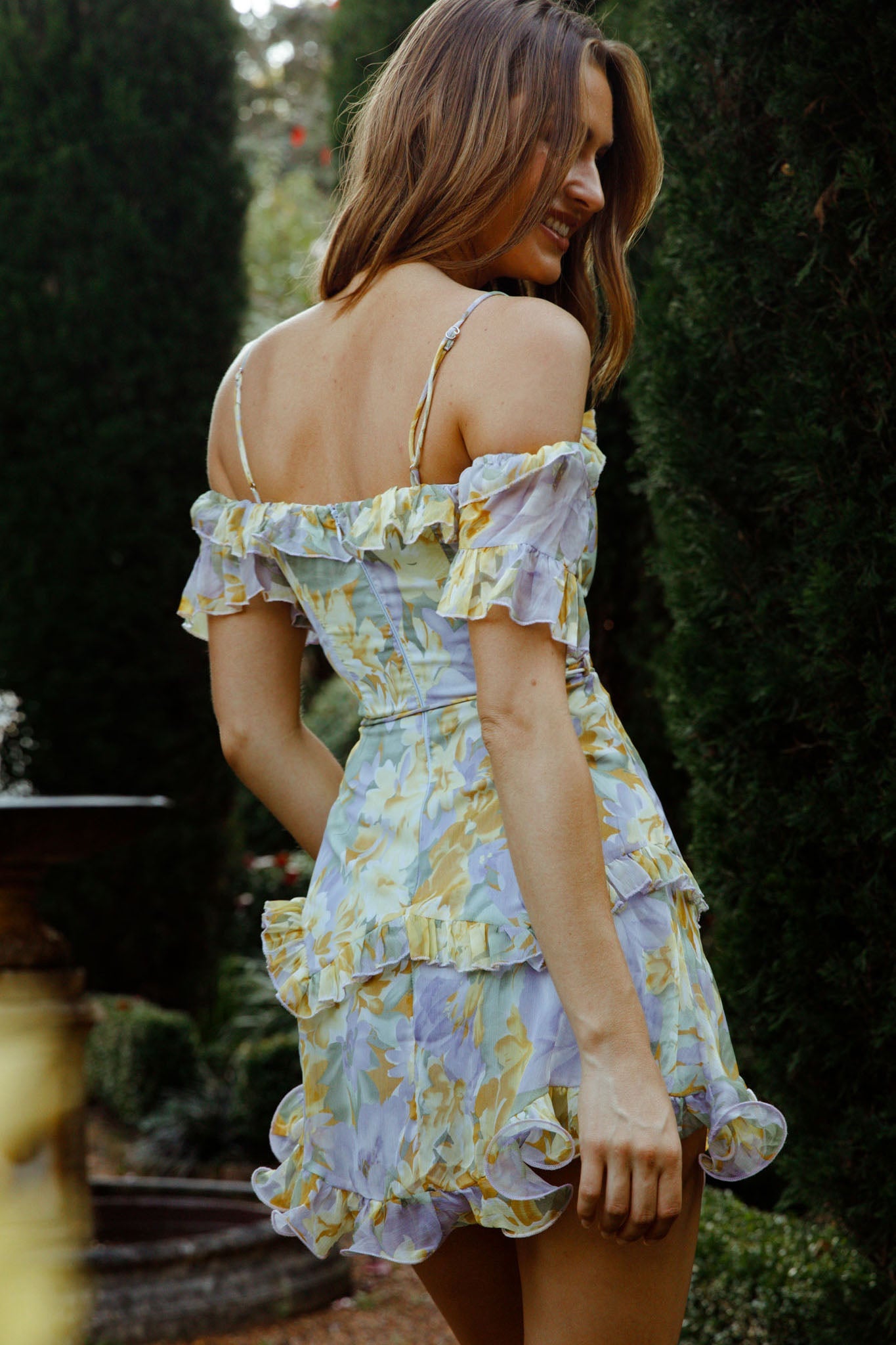 Maranda Bardot Lace-Up Bust Dress Floral Print Yellow
