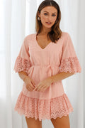 Karissa Lace Trim Waist Tie Tunic Dress Blush